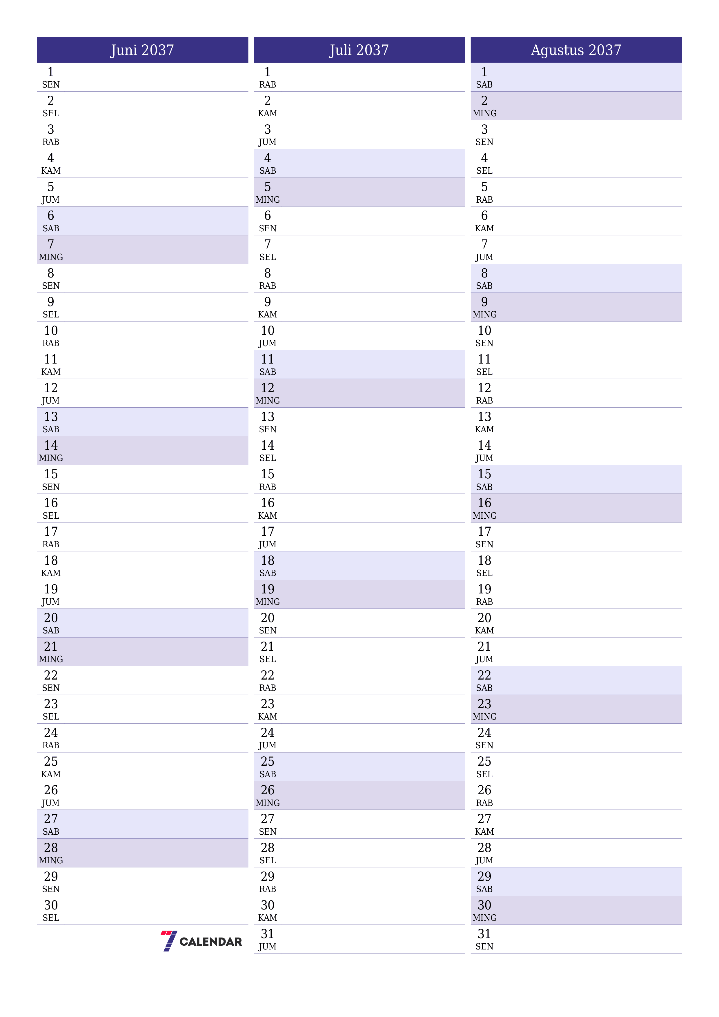  yang dapat dicetak dinding templat gratisvertikal Bulanan perencana kalender Juni (Jun) 2037