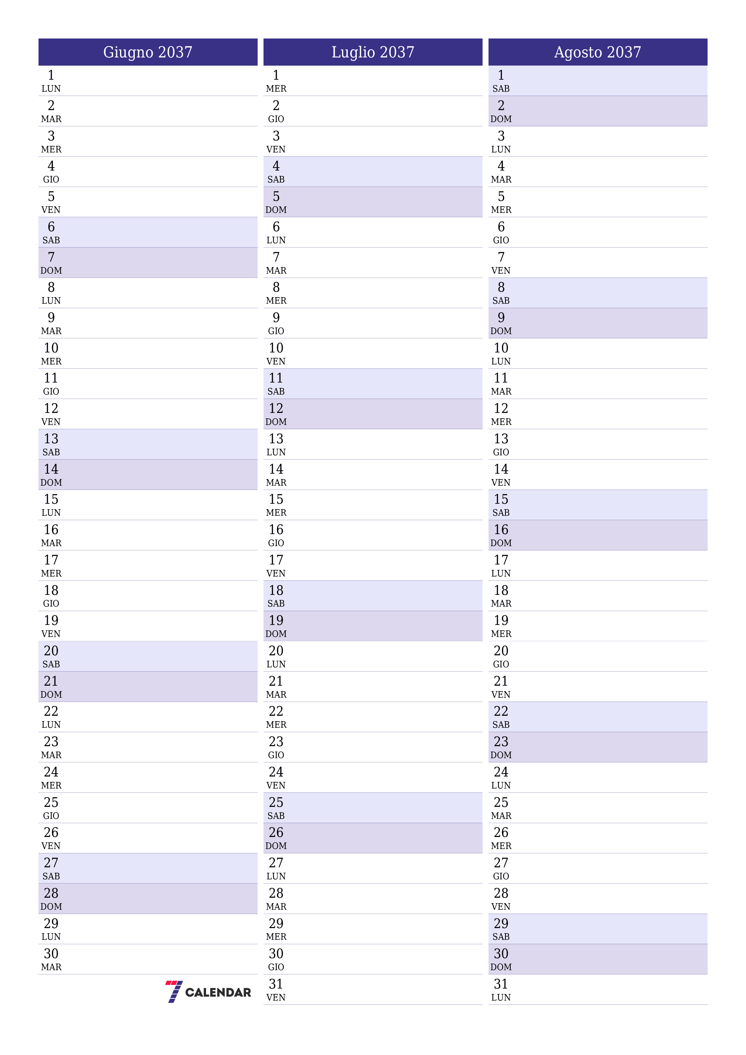 Pianificatore mensile vuoto per il mese Giugno 2037 con note, salva e stampa in PDF PNG Italian