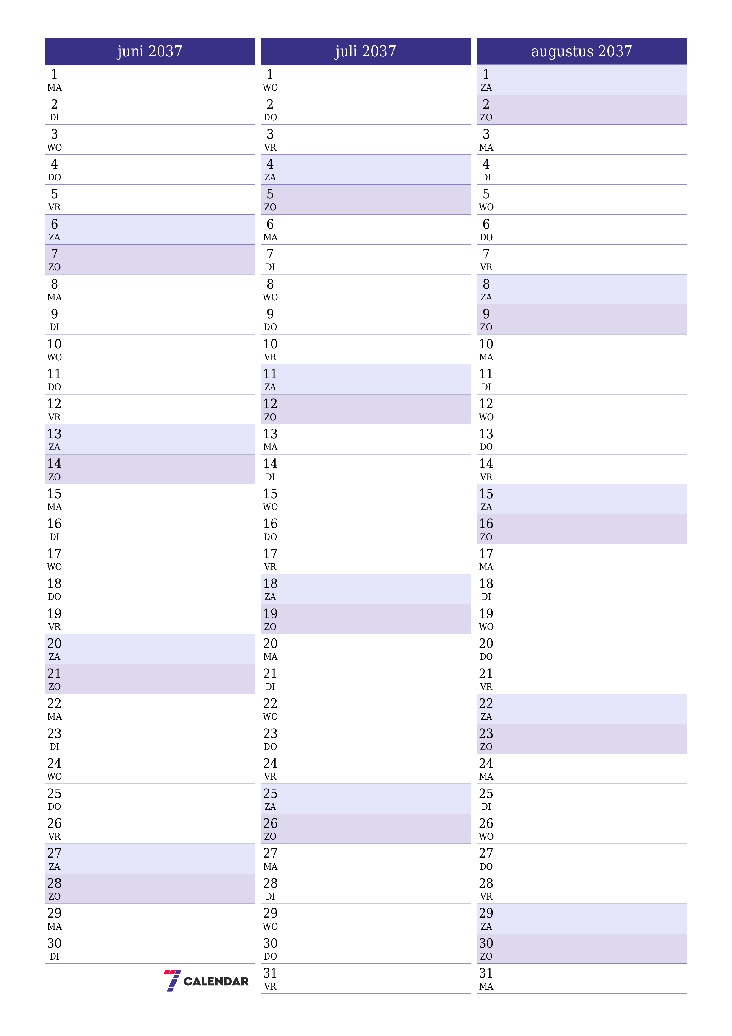 afdrukbare muur sjabloon gratis verticaal Maandelijks planner kalender juni (jun) 2037