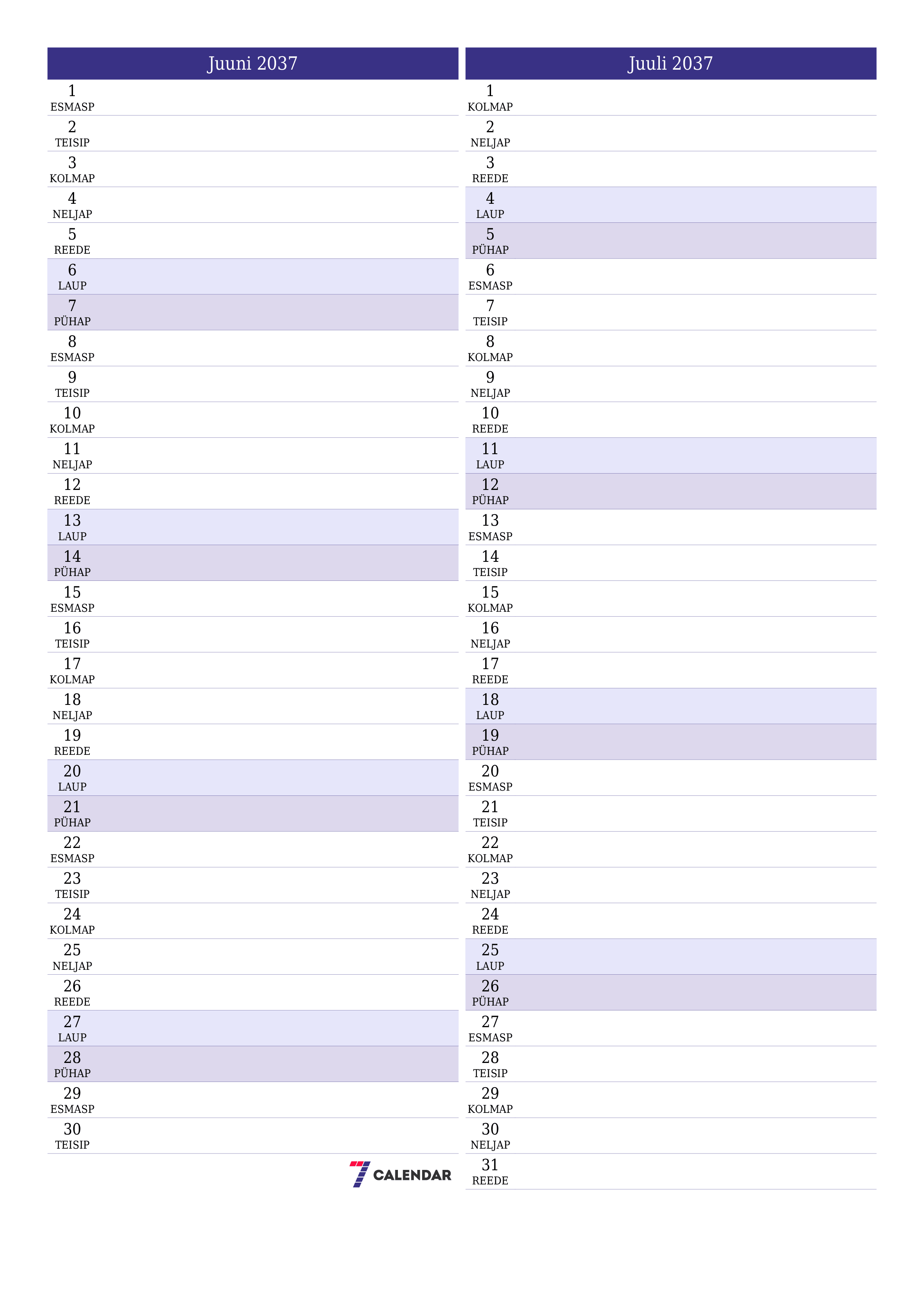 Tühjendage kuu Juuni 2037 kuuplaneerija märkmetega, salvestage ja printige PDF-i PNG Estonian