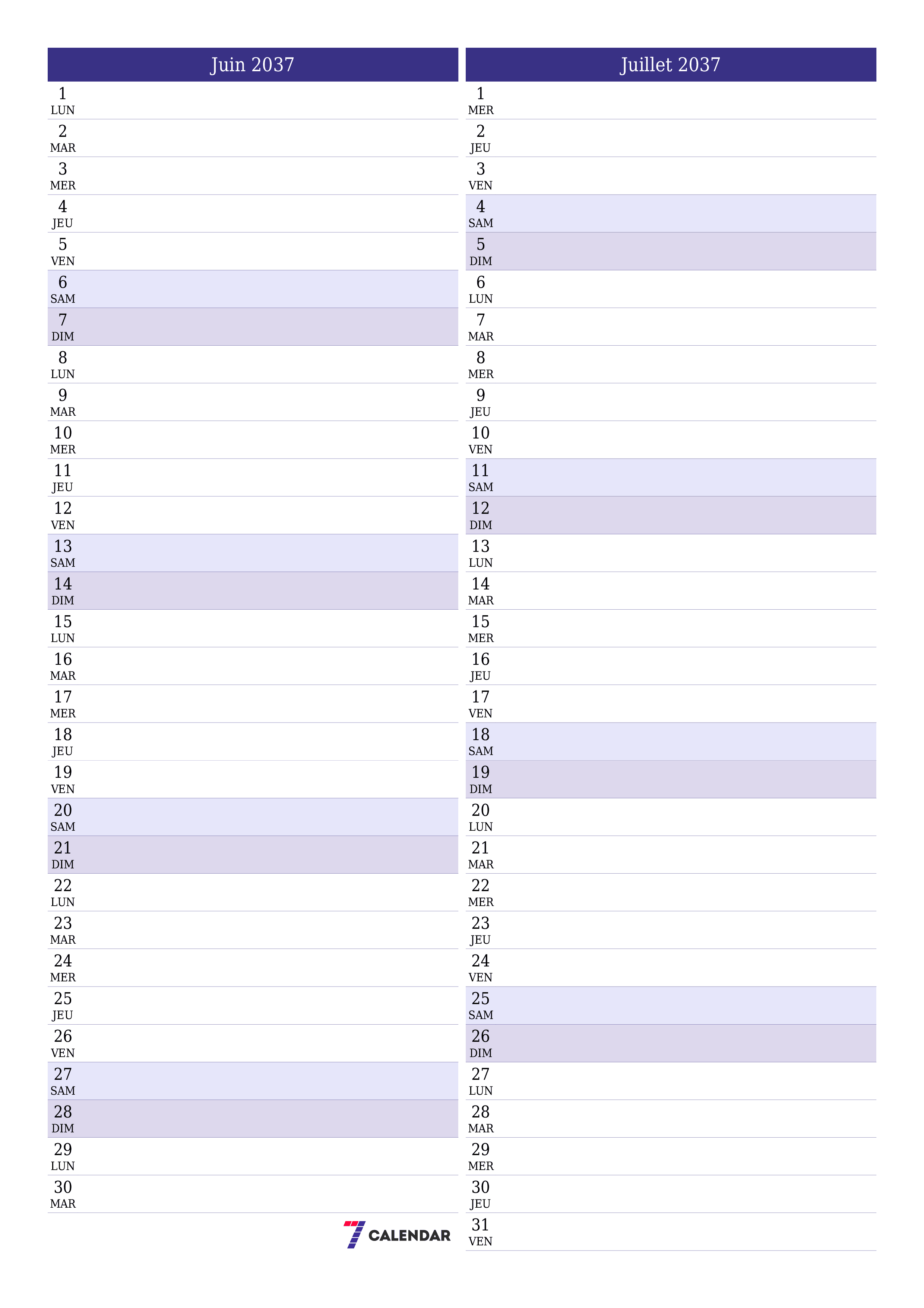  imprimable mural modèle de gratuitverticale Mensuel planificateur calendrier Juin (Jui) 2037