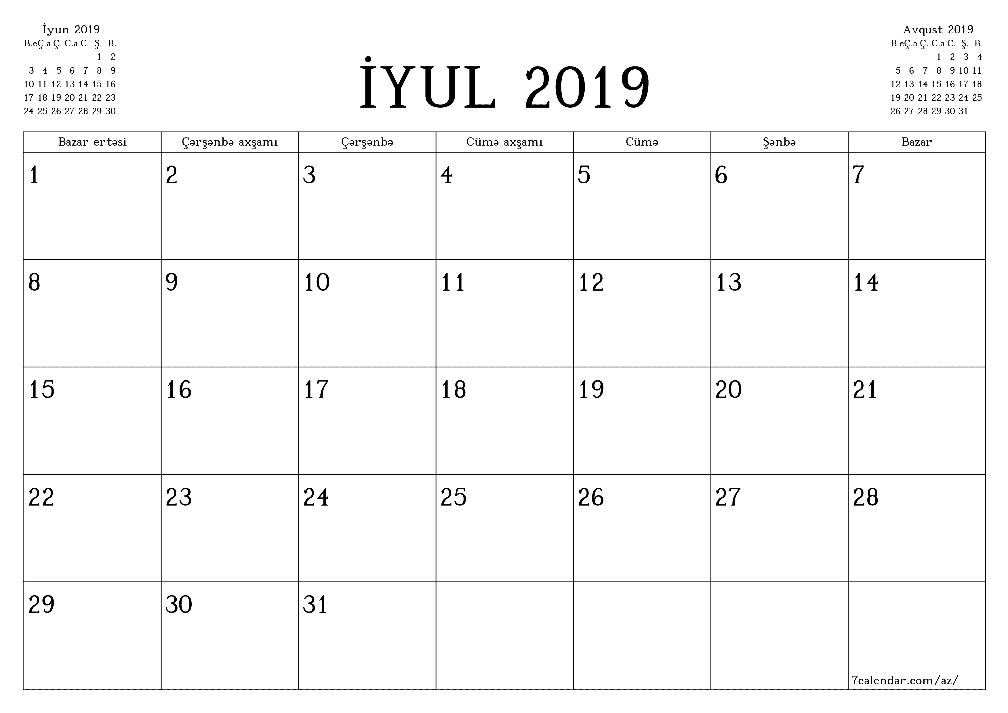 İyul 2019 ayı üçün qeydlər ilə boş aylıq planlayıcı, qeyd edin və PDF-ə yazdırın PNG Azerbaijani