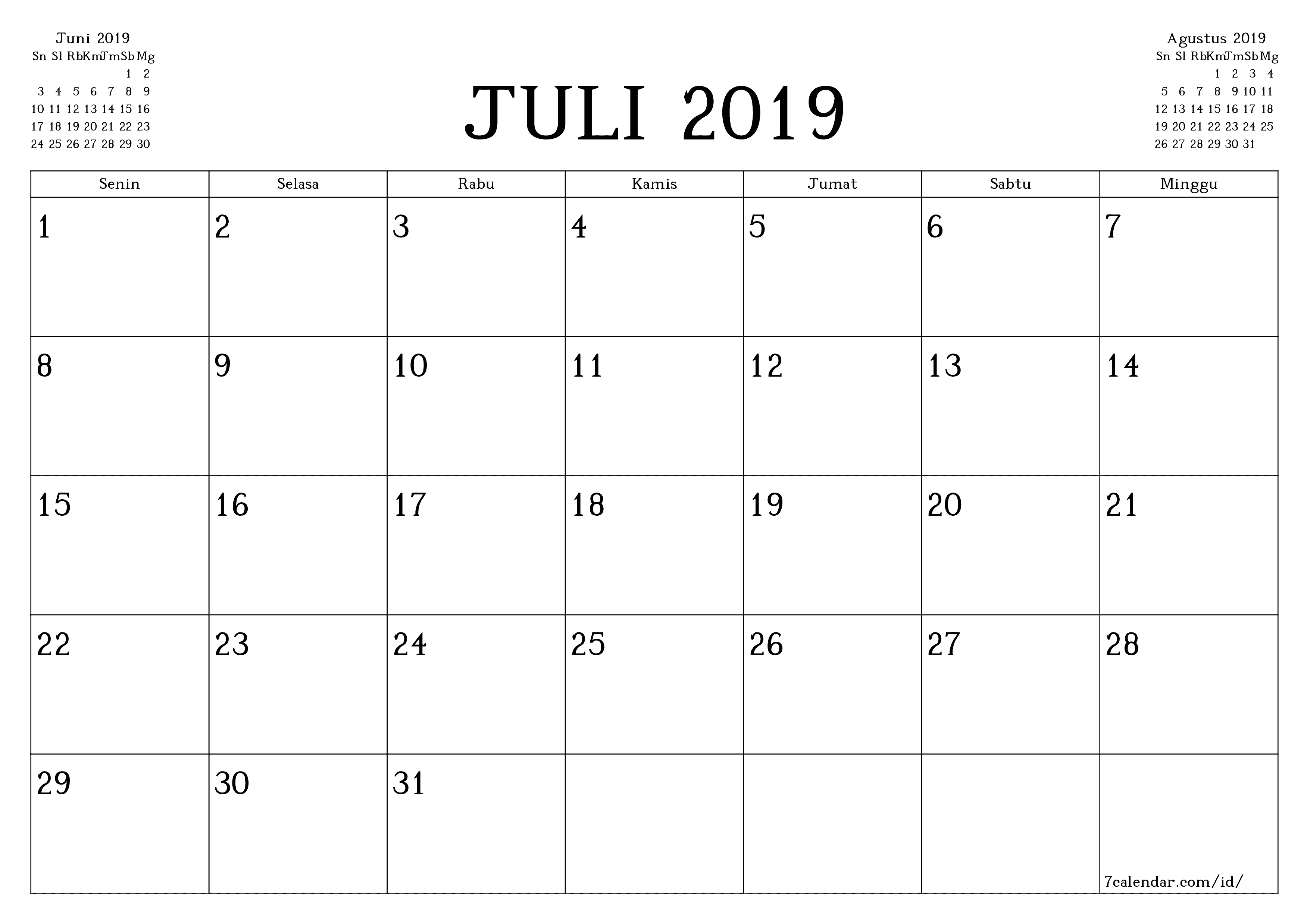 Kosongkan agenda bulanan untuk bulan Juli 2019 dengan catatan, simpan dan cetak ke PDF PNG Indonesian