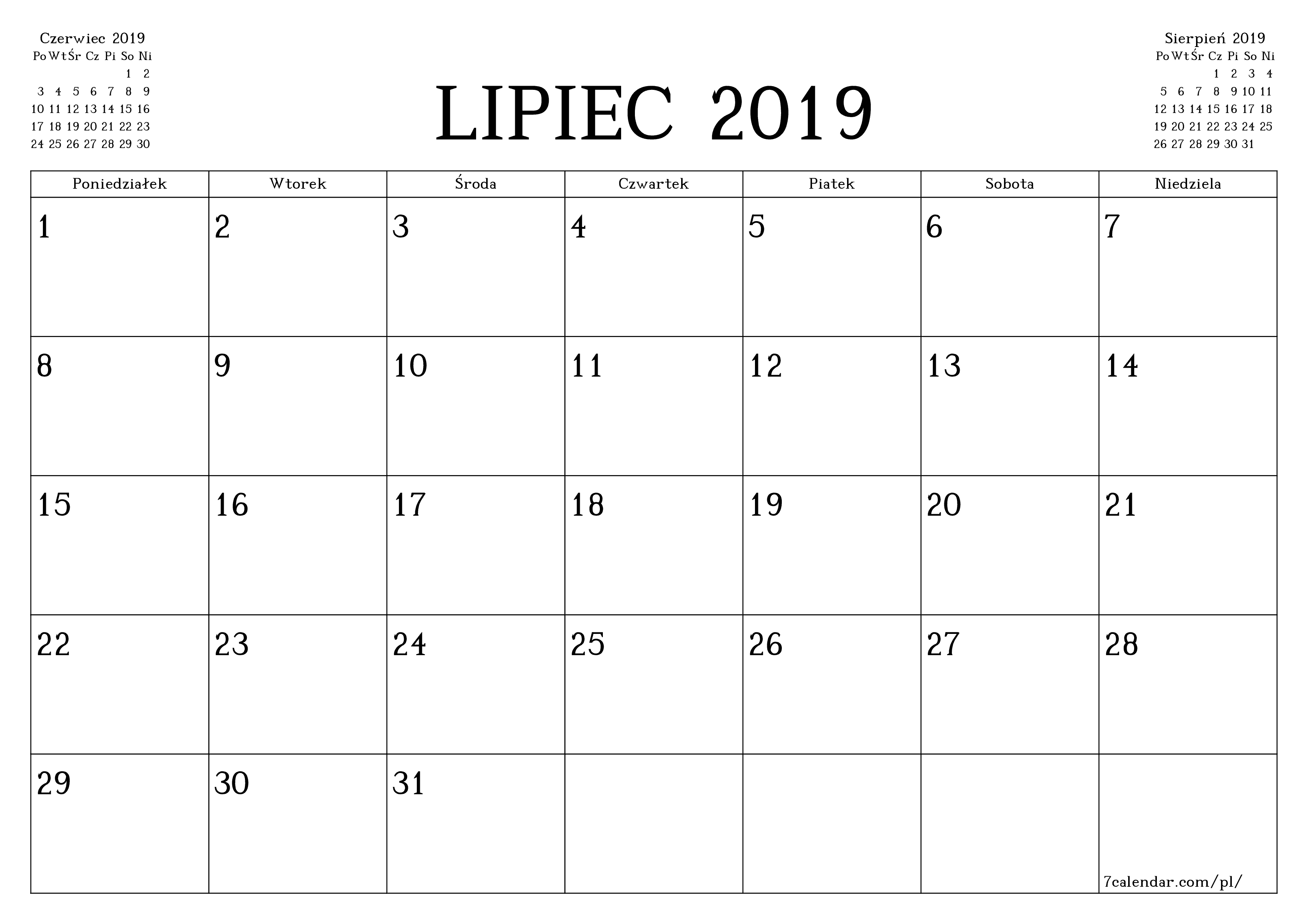 Opróżnij miesięczny planer na miesiąc Lipiec 2019 z notatkami, zapisz i wydrukuj w formacie PDF PNG Polish