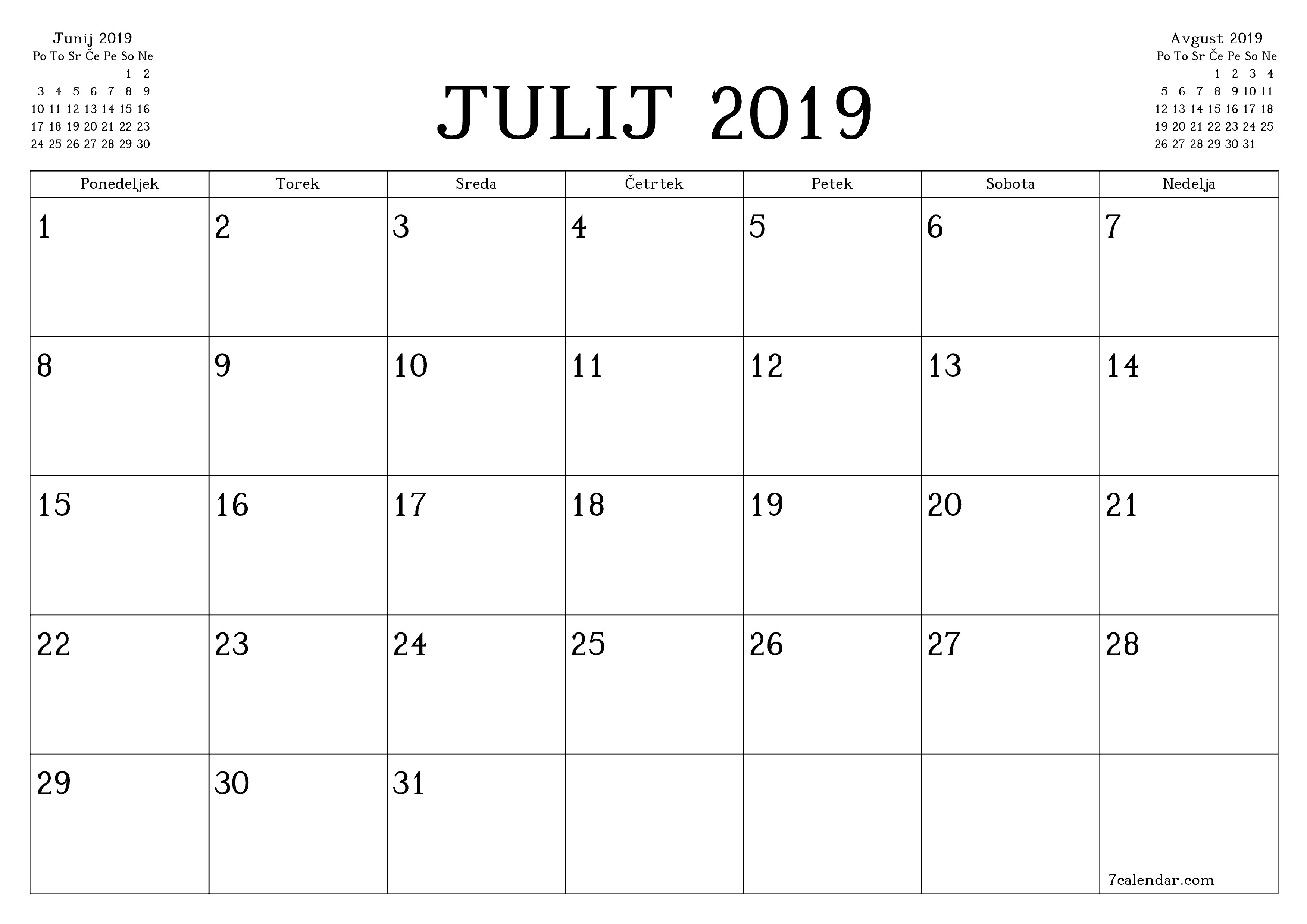 Prazen mesečni načrtovalec koledarja za mesec Julij 2019 z opombami, natisnjenimi v PDF PNG Slovenian