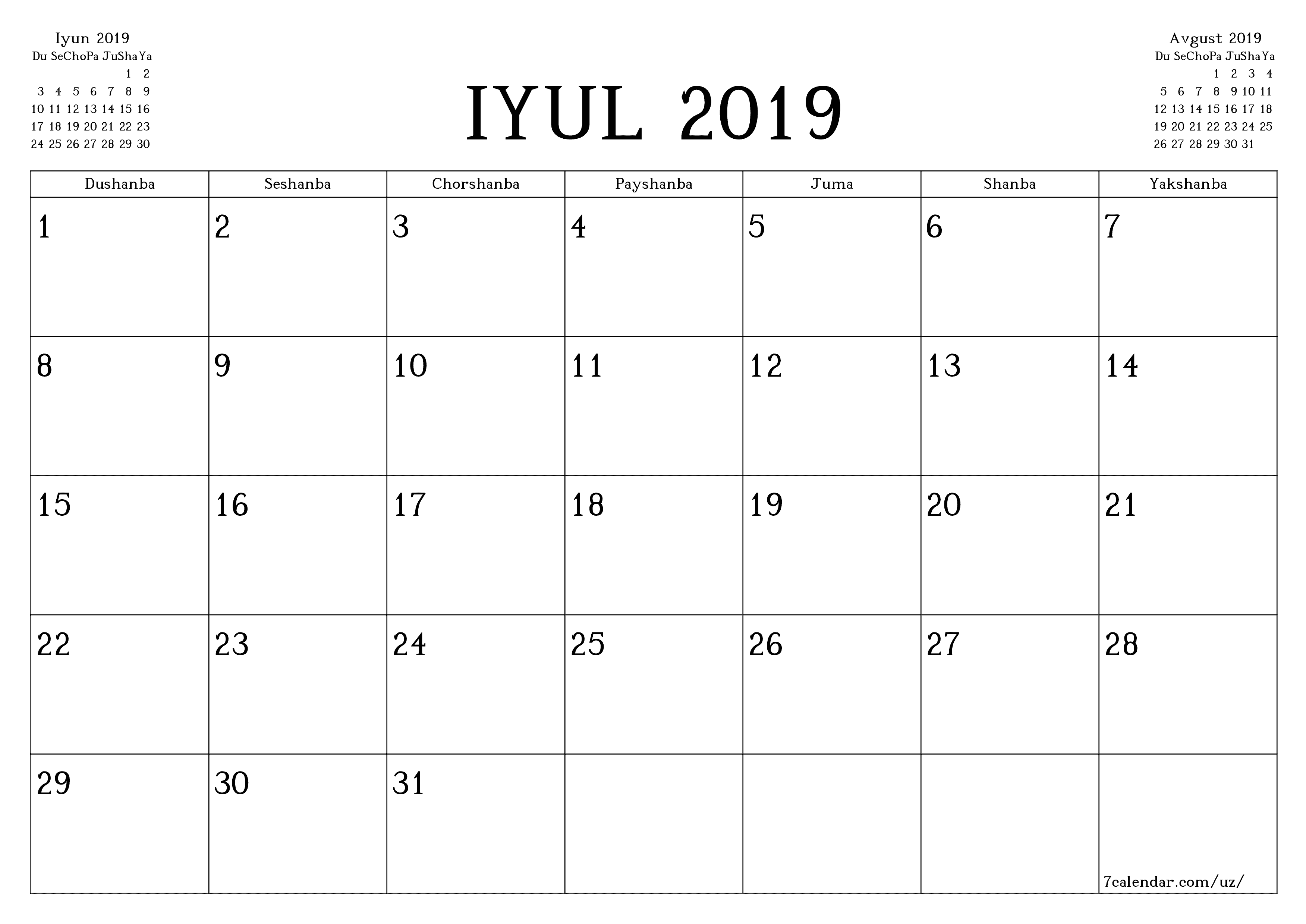 chop etiladigan devor taqvimi shabloni bepul gorizontal Oylik rejalashtiruvchi kalendar Iyul (Iyul) 2019