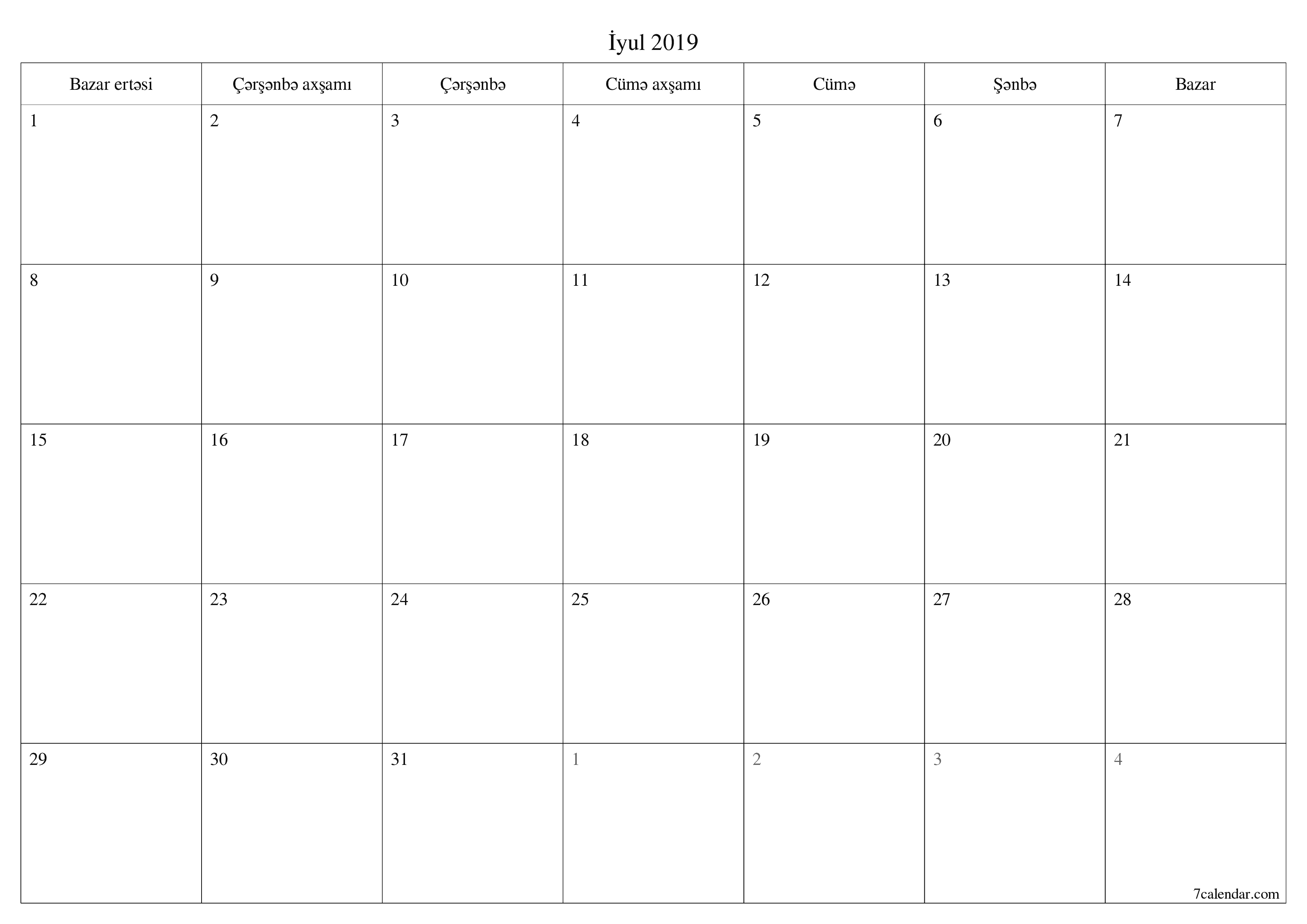 İyul 2019 ayı üçün qeydlər ilə boş aylıq planlayıcı, qeyd edin və PDF-ə yazdırın PNG Azerbaijani