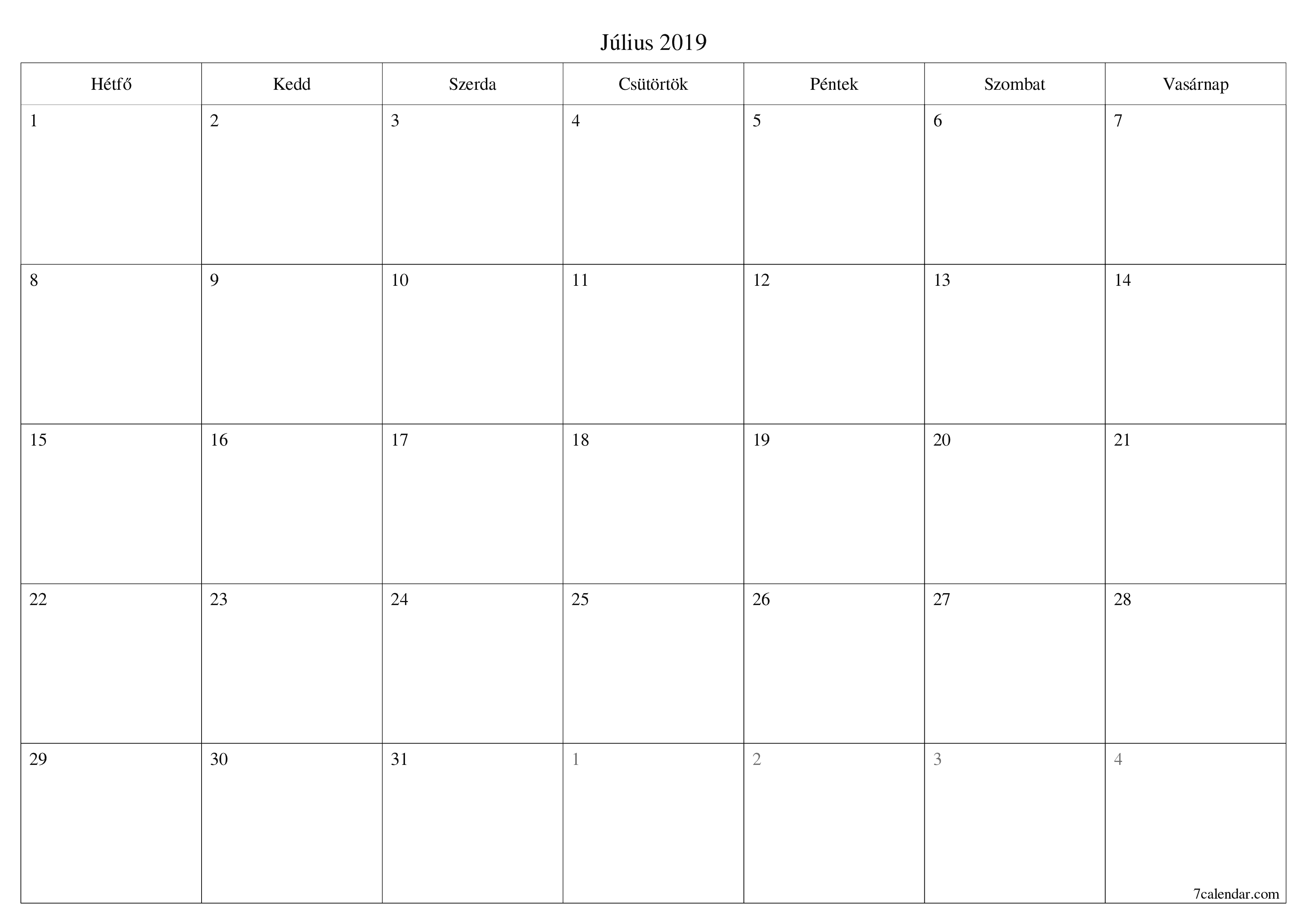 nyomtatható fali sablon ingyenes vízszintes Havi tervező naptár Július (Júl) 2019