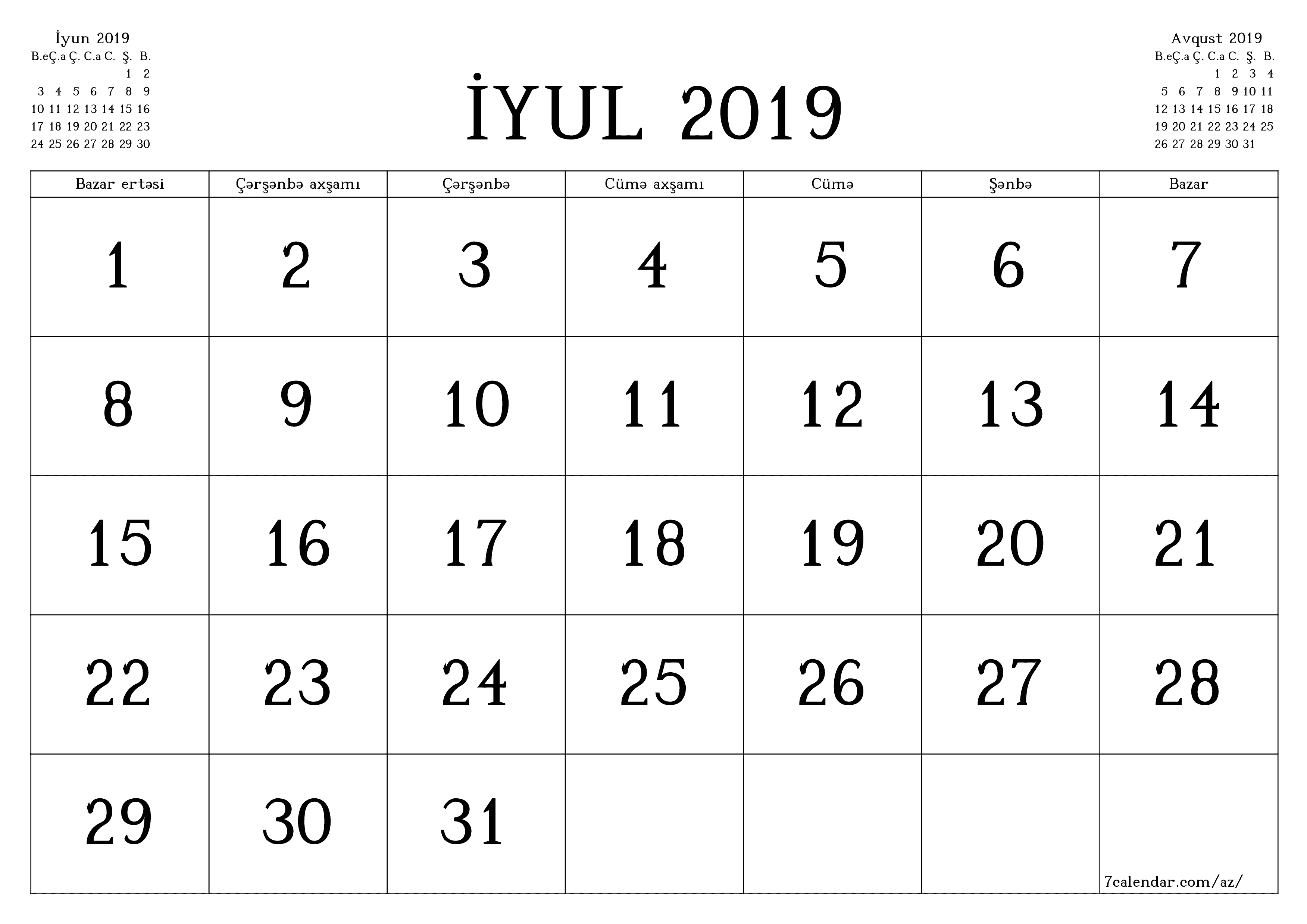 İyul 2019 ayı üçün qeydlər ilə boş aylıq planlayıcı, qeyd edin və PDF-ə yazdırın PNG Azerbaijani