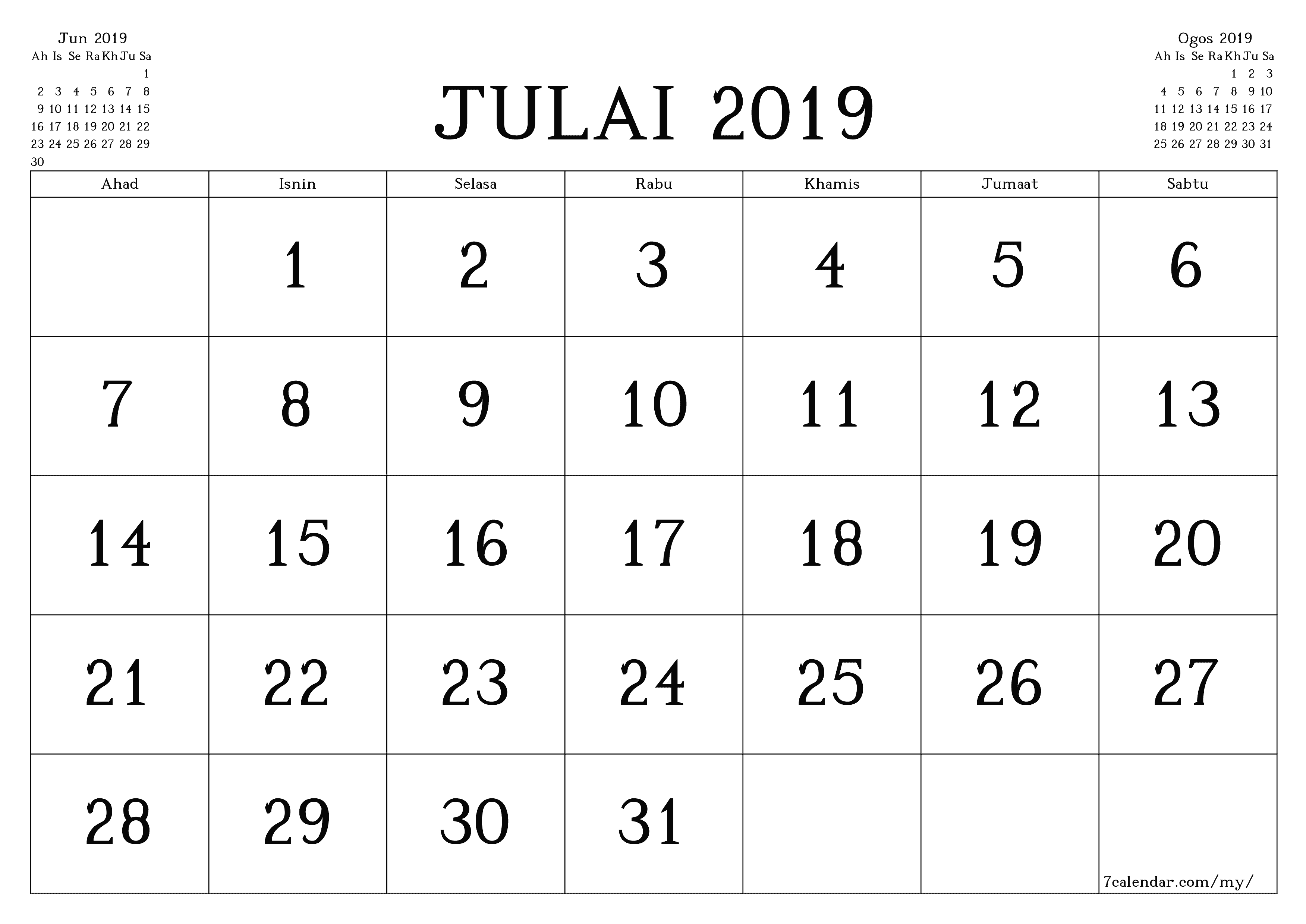 Perancang bulanan kosong untuk bulan Julai 2019 dengan nota, simpan dan cetak ke PDF PNG Malay