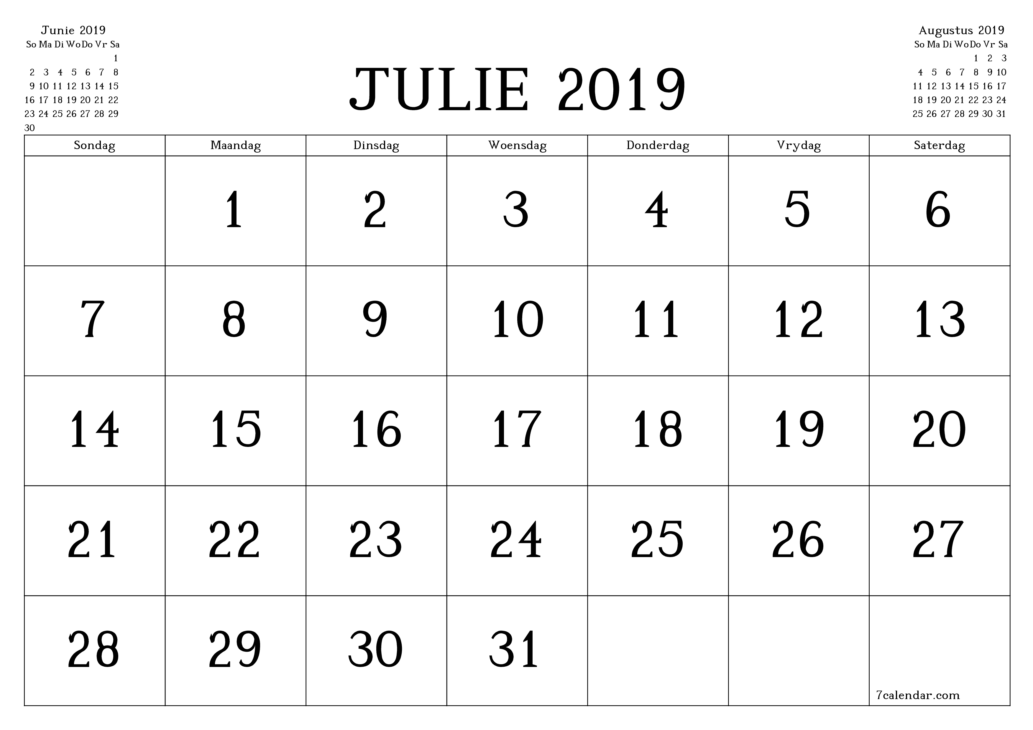 Leë maandelikse drukbare kalender en beplanner vir maand Julie 2019 met notas stoor en druk na PDF PNG Afrikaans