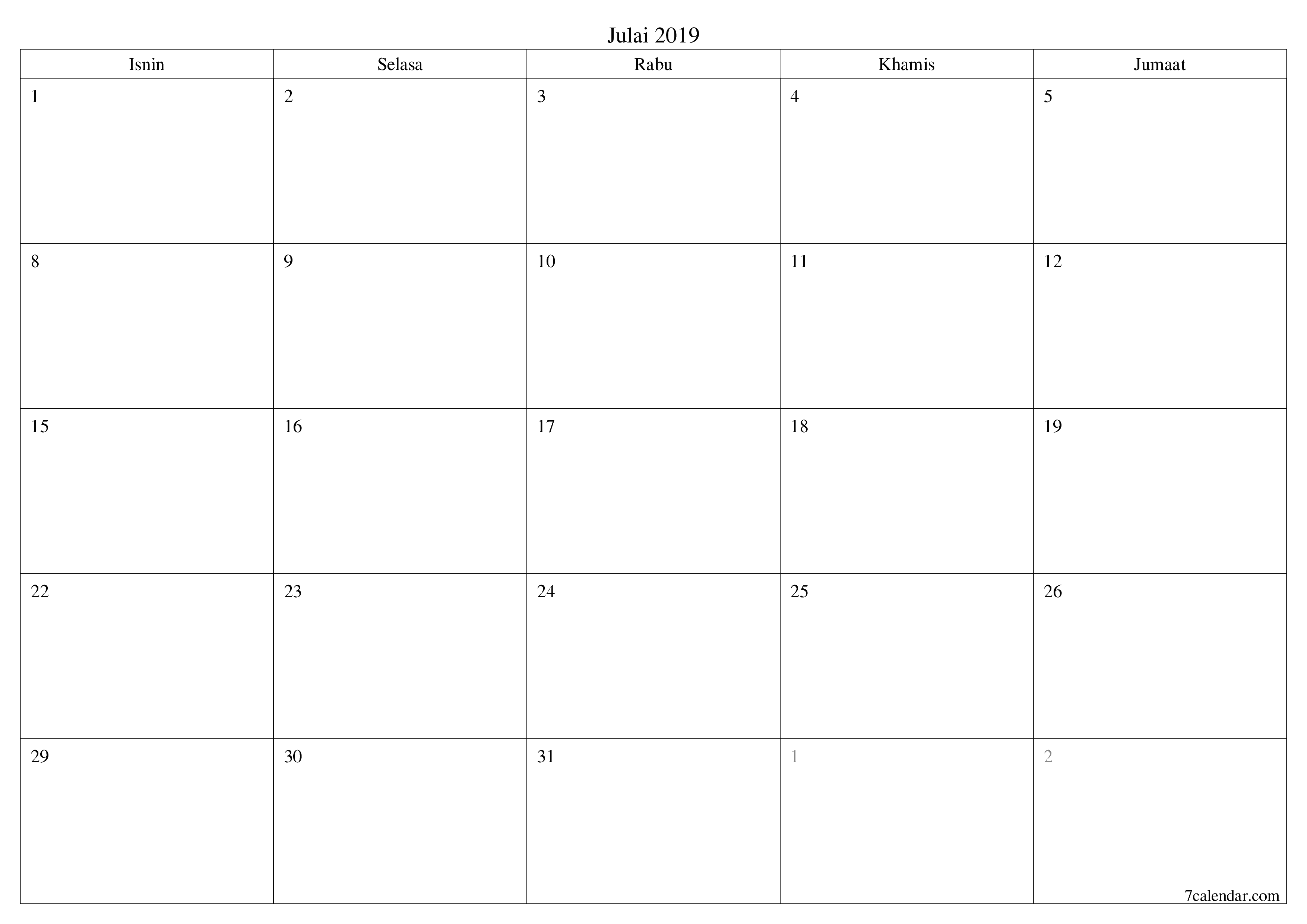 Perancang bulanan kosong untuk bulan Julai 2019 dengan nota, simpan dan cetak ke PDF PNG Malay