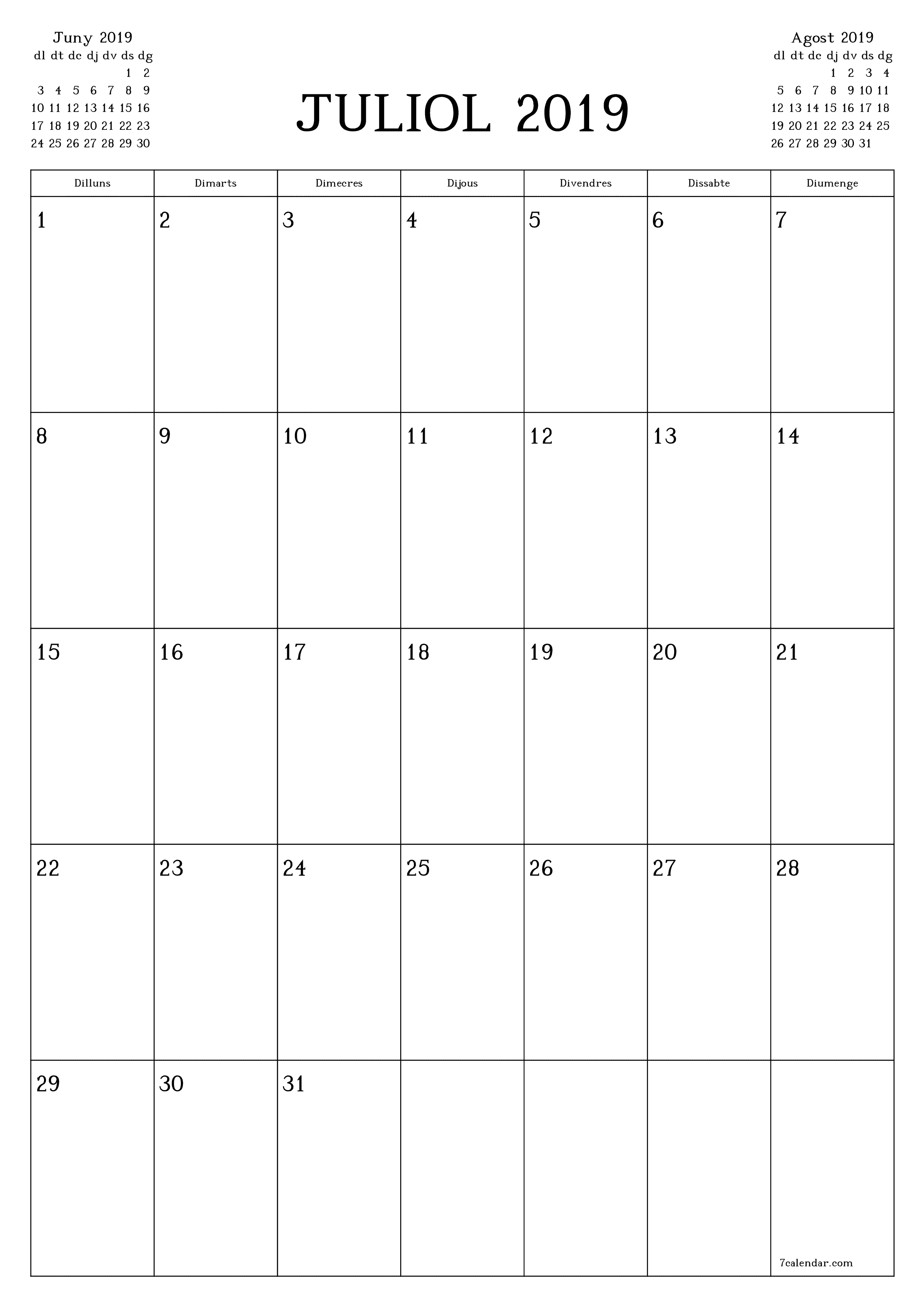  imprimible de paret plantilla de gratuïtvertical Mensual planificador calendari Juliol (Jul) 2019
