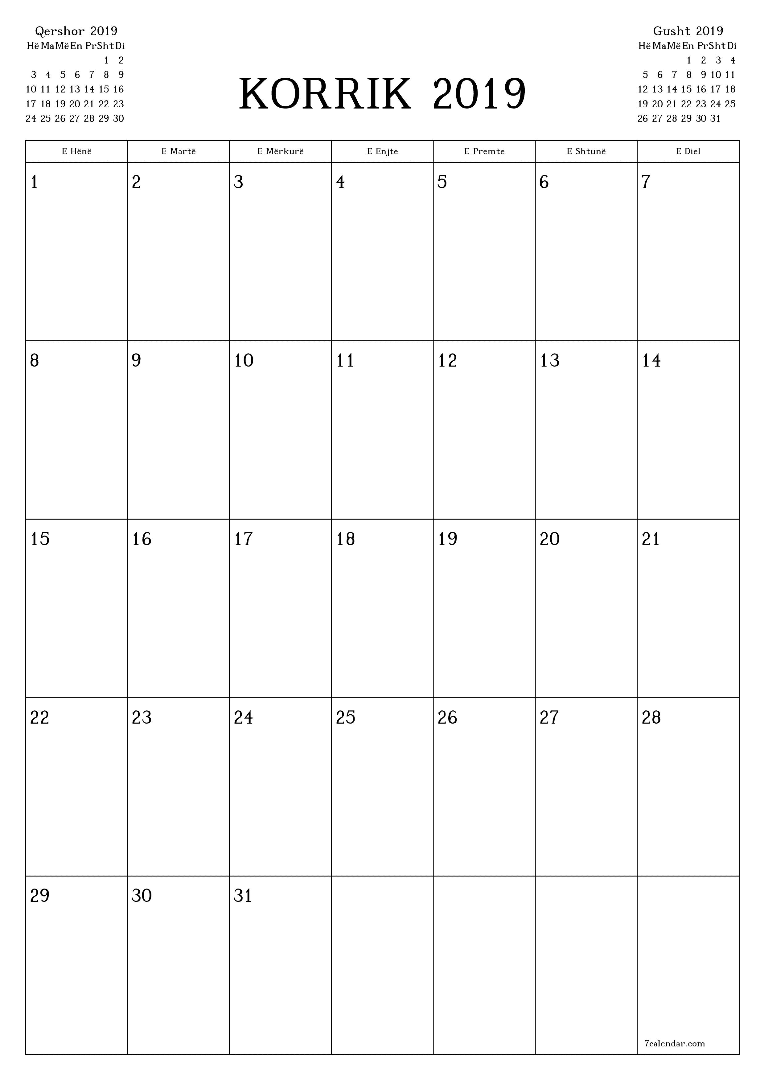 Planifikuesi i zbrazët i kalendarit mujor për muajin Korrik 2019 me shënime të ruajtura dhe të printuara në PDF PNG Albanian