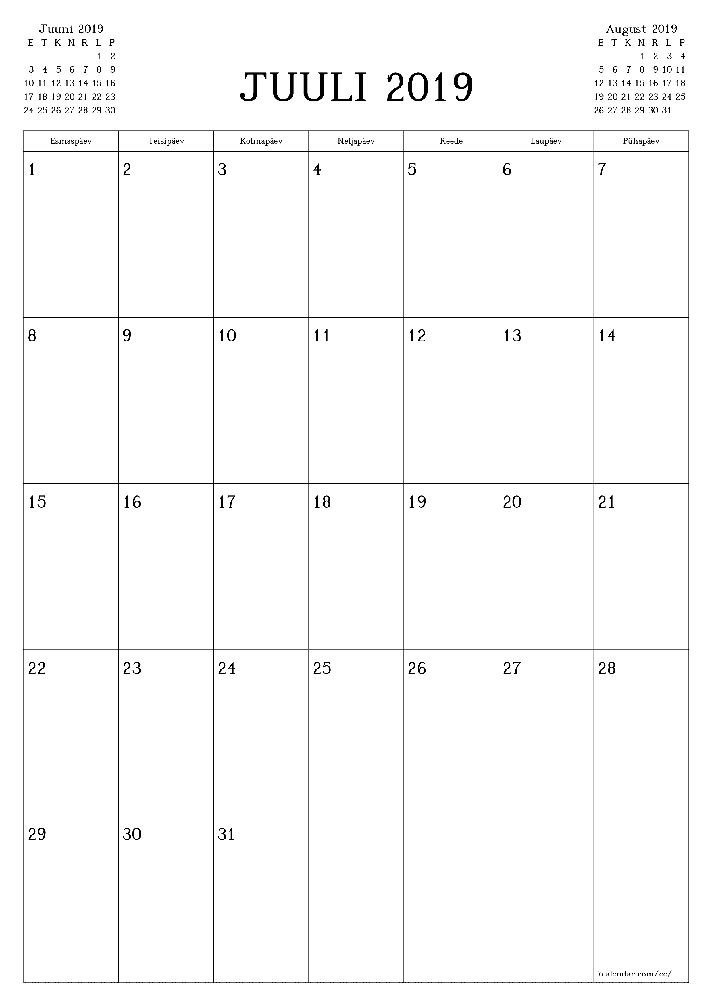 Tühjendage kuu Juuli 2019 kuuplaneerija märkmetega, salvestage ja printige PDF-i PNG Estonian