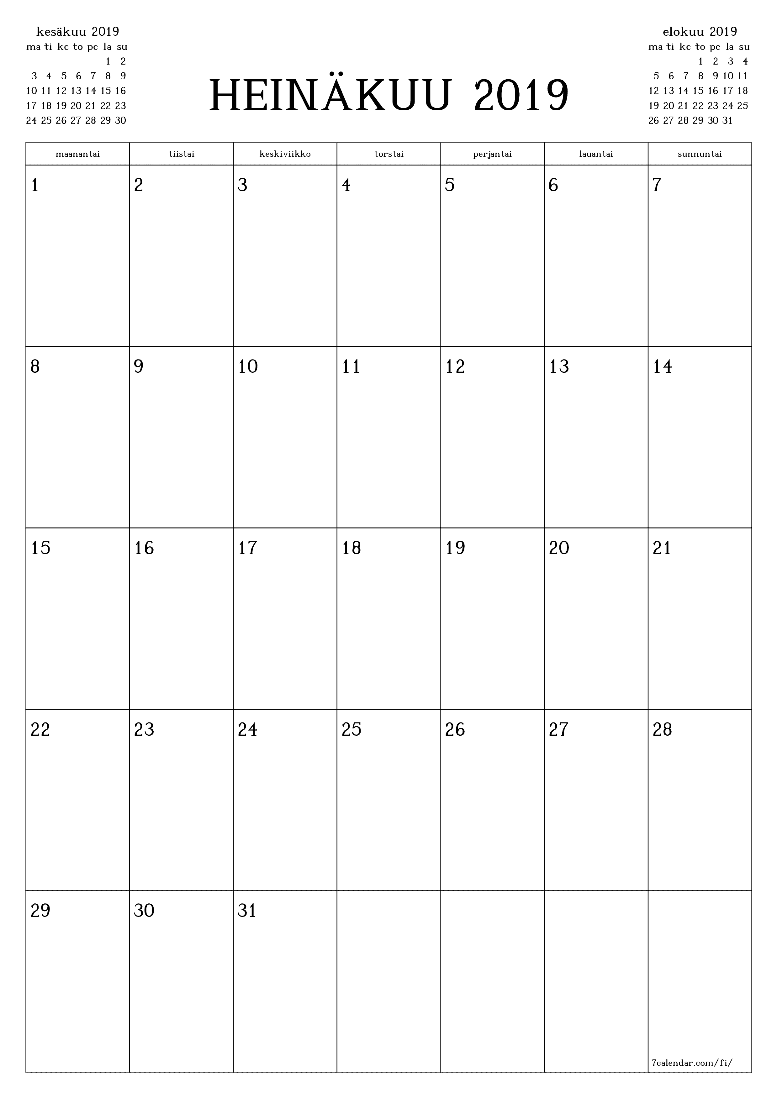 Tyhjennä kuukausittainen suunnittelija kuukaudelle Heinäkuu 2019 muistiinpanoilla, tallenna ja tulosta PDF-muotoon PNG Finnish