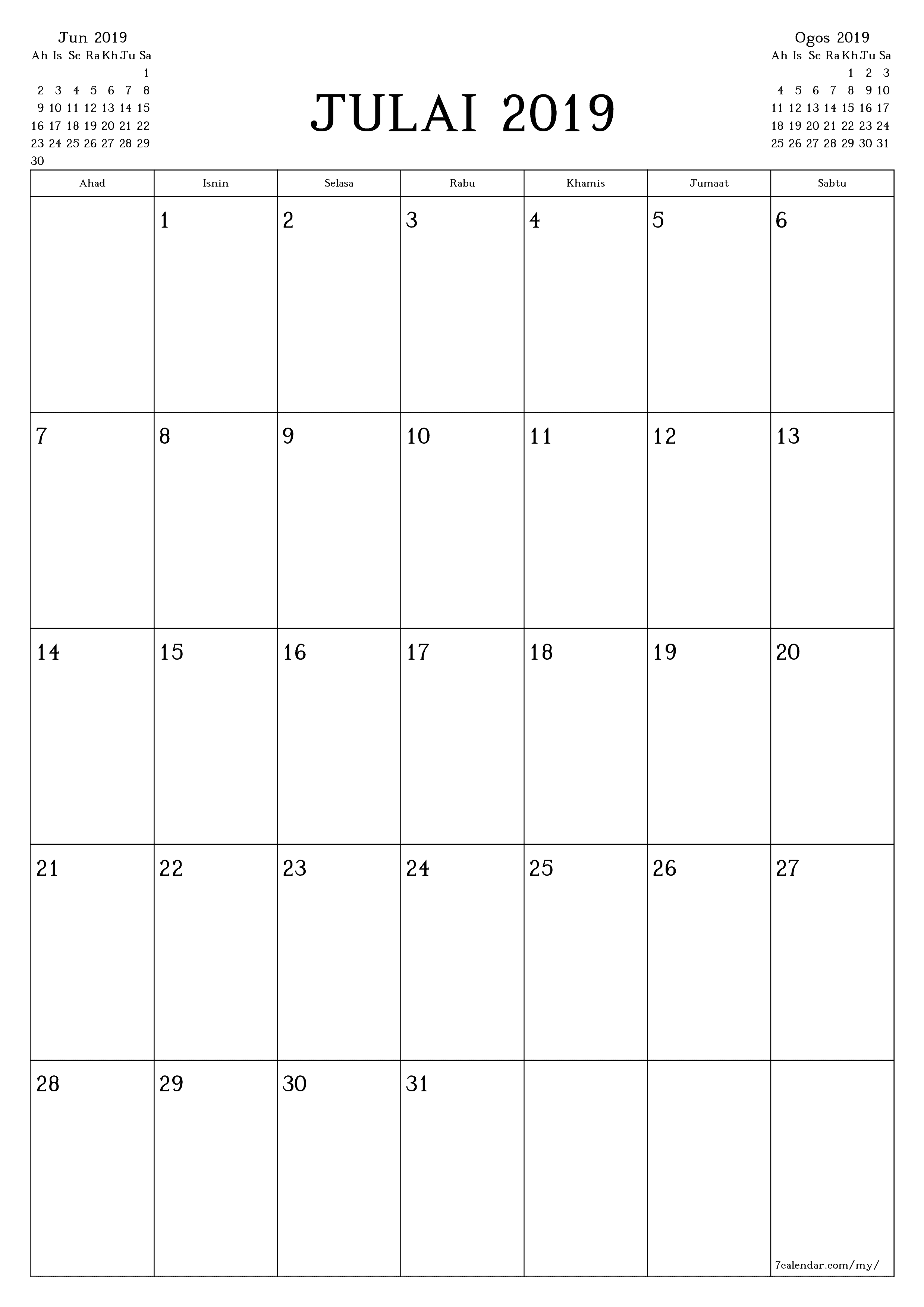 boleh cetak dinding templat percumamenegak Bulanan perancang kalendar Julai (Jul) 2019