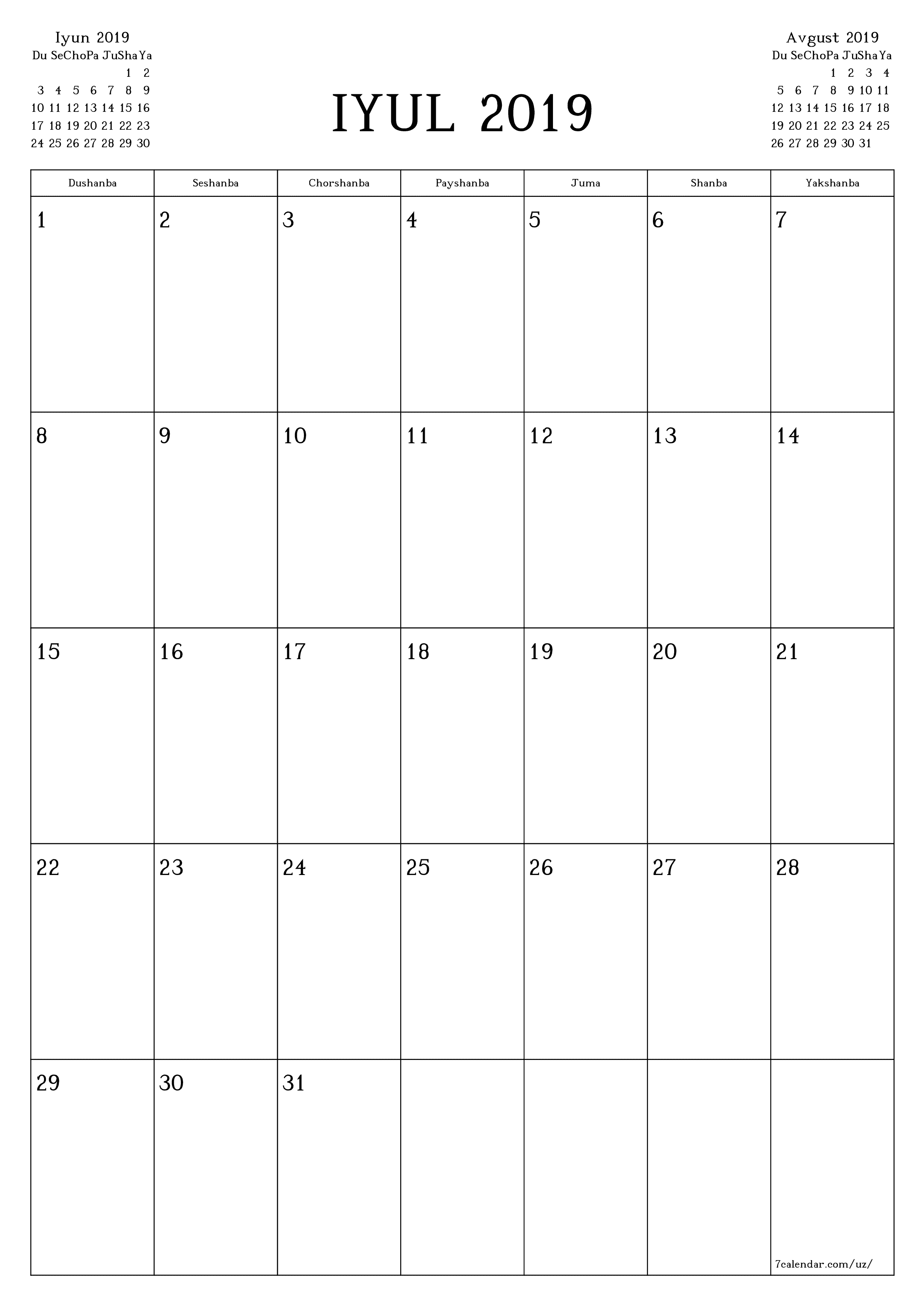 chop etiladigan devor taqvimi shabloni bepul vertikal Oylik rejalashtiruvchi kalendar Iyul (Iyul) 2019