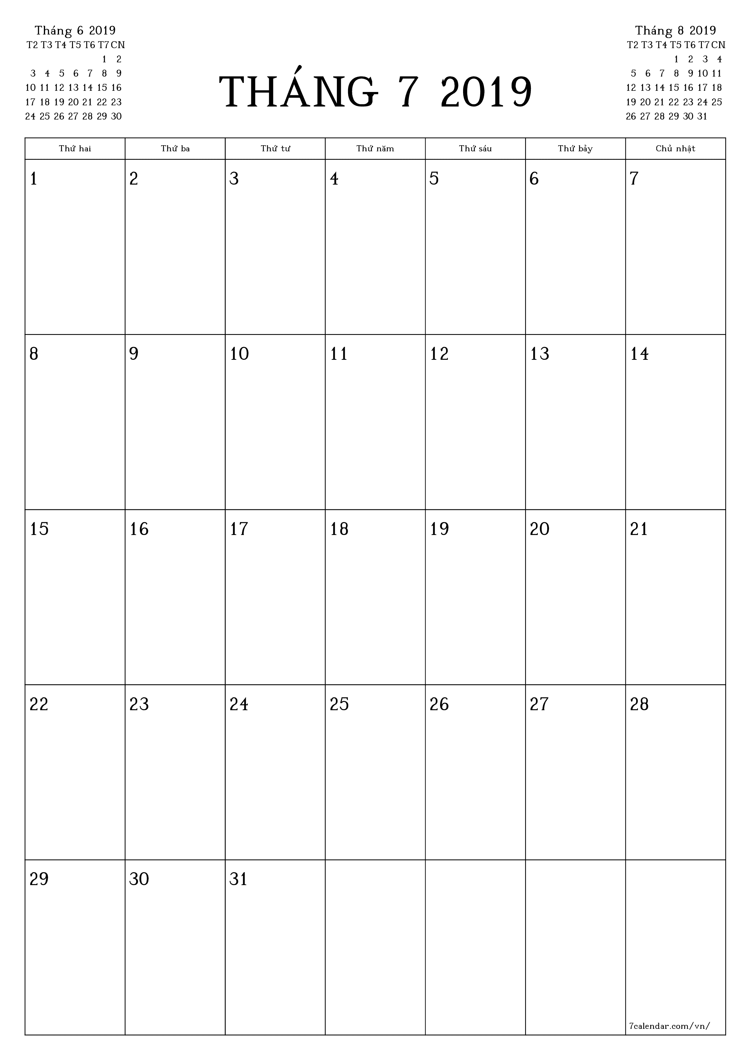 Công cụ lập kế hoạch hàng tháng trống cho tháng Tháng 7 2019 có ghi chú, lưu và in sang PDF PNG Vietnamese