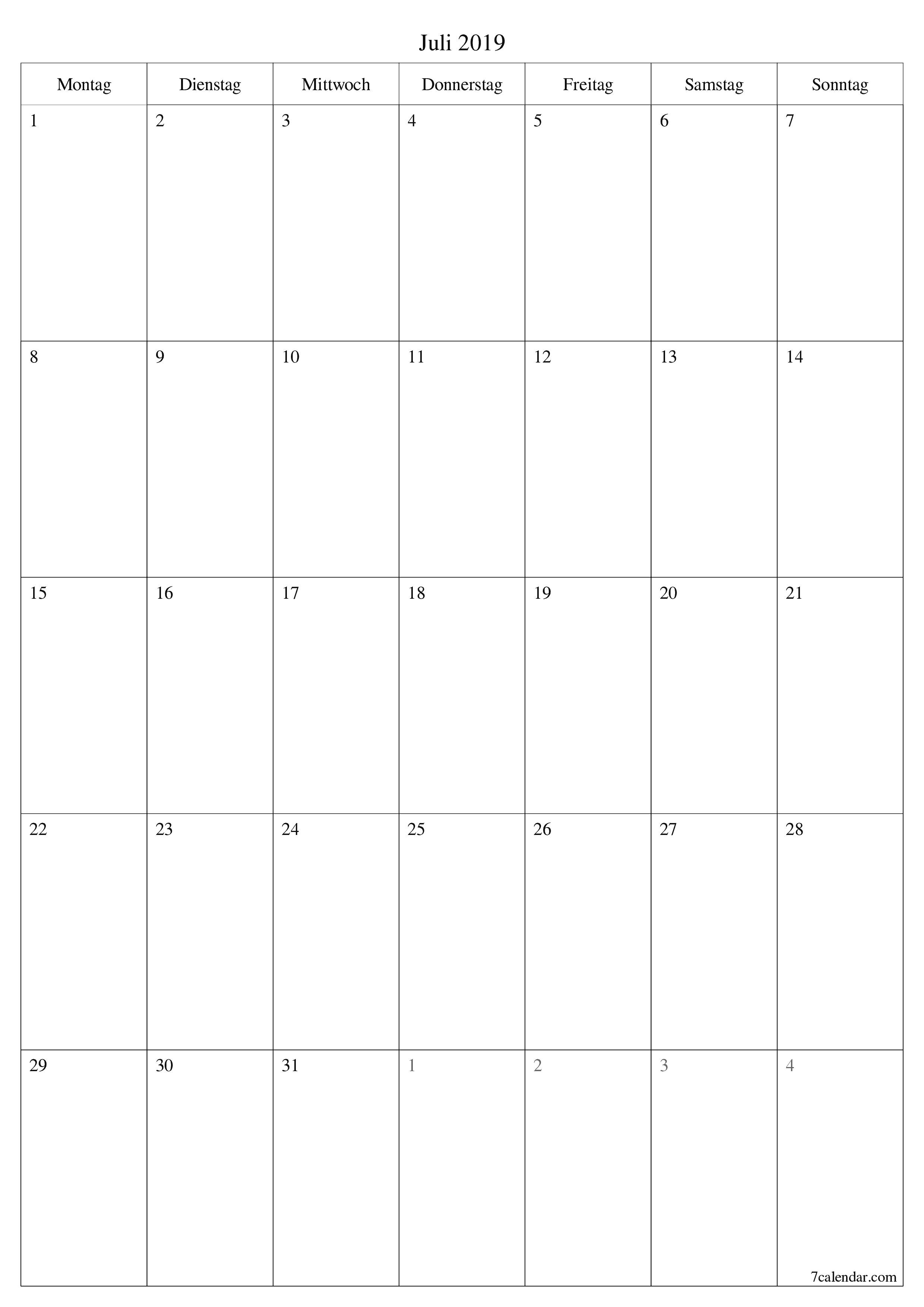 Monatsplaner für Monat Juli 2019 mit Notizen leeren, speichern und als PDF PNG German - 7calendar.com drucken