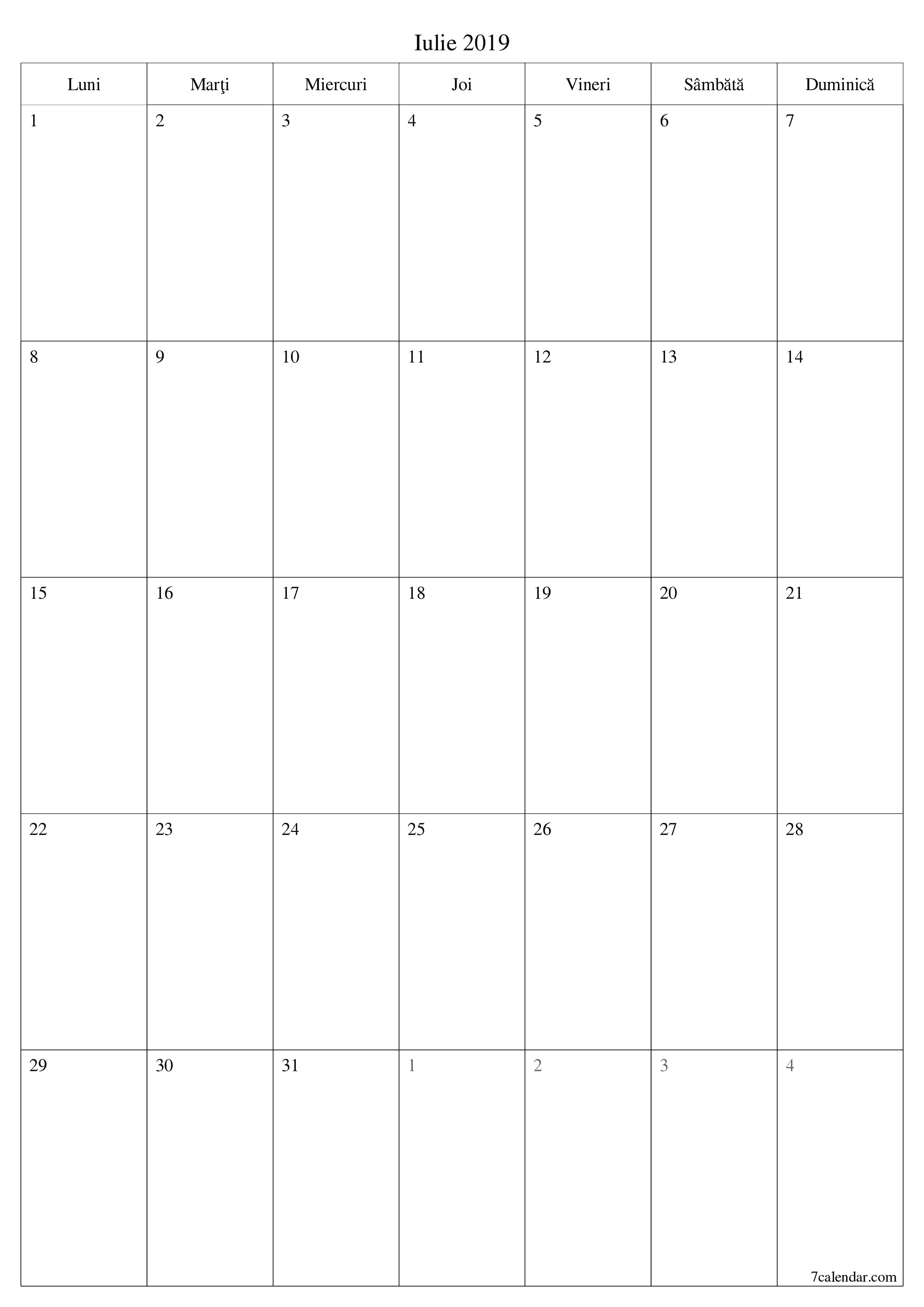  imprimabil de perete șablon de gratuitvertical Lunar planificator calendar Iulie (Iul) 2019