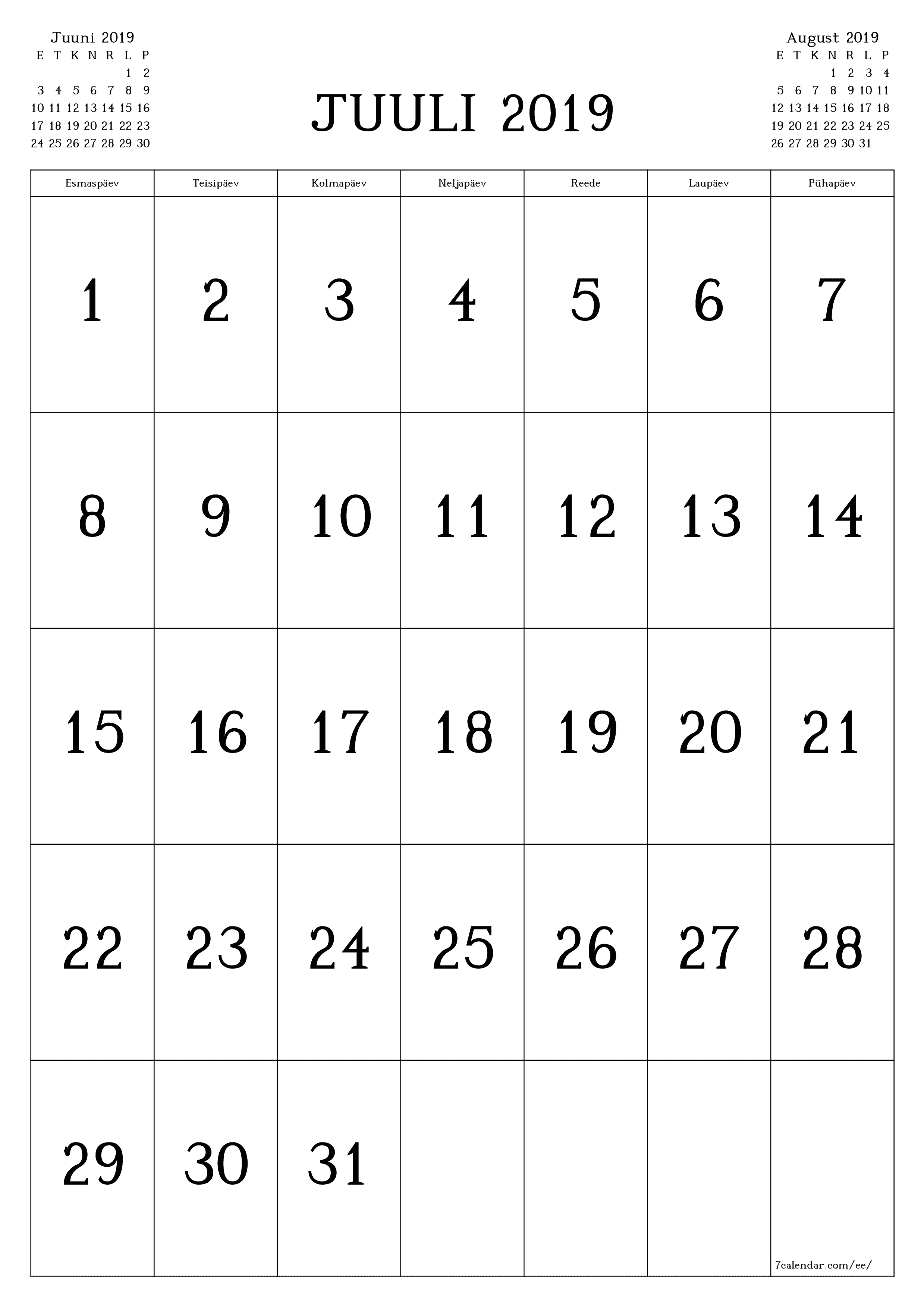prinditav seina kalendri mall tasuta vertikaalne Igakuine kalender Juuli (Juuli) 2019