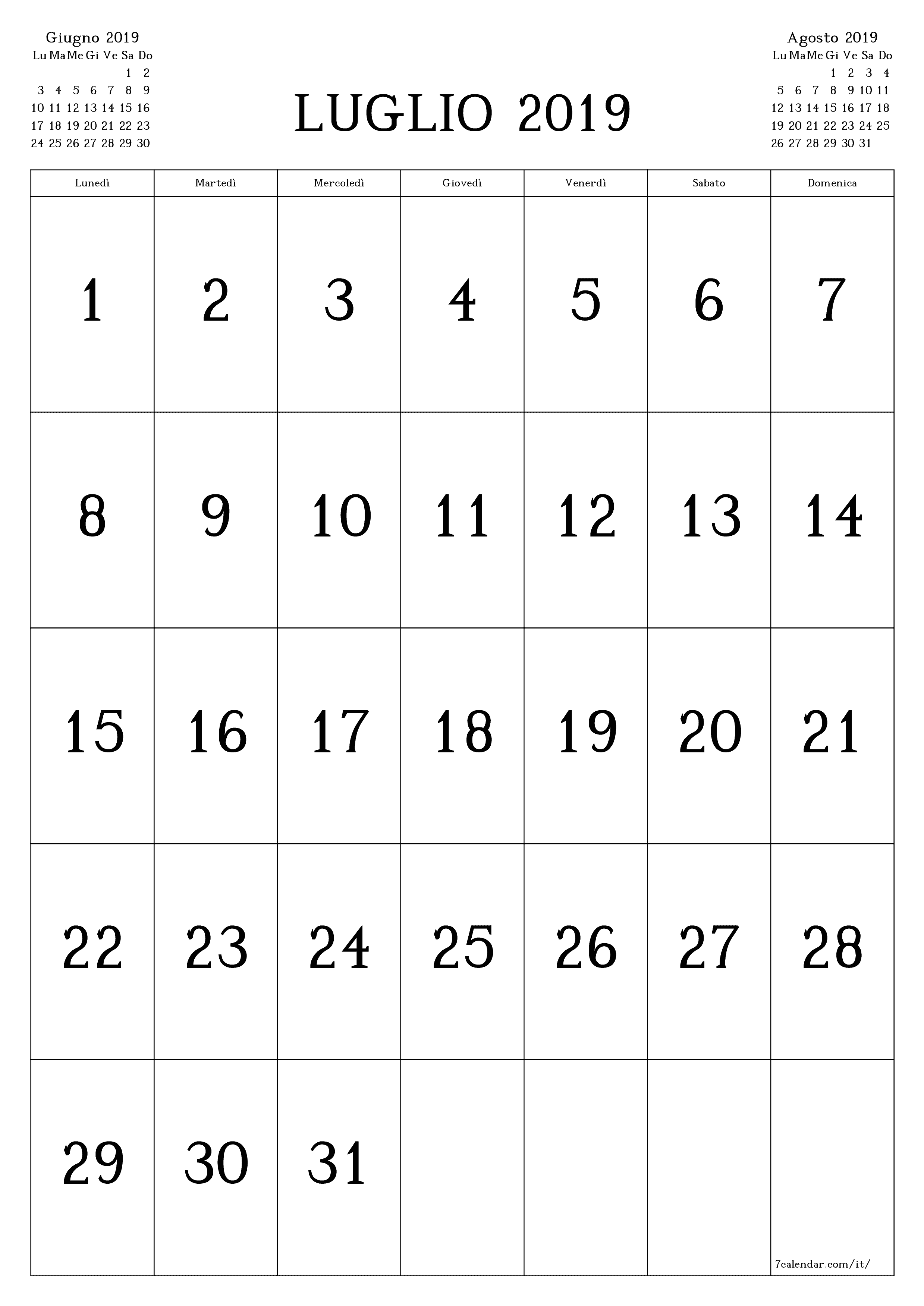  stampabile da parete modello di gratuitoverticale Mensile calendario Luglio (Lug) 2019