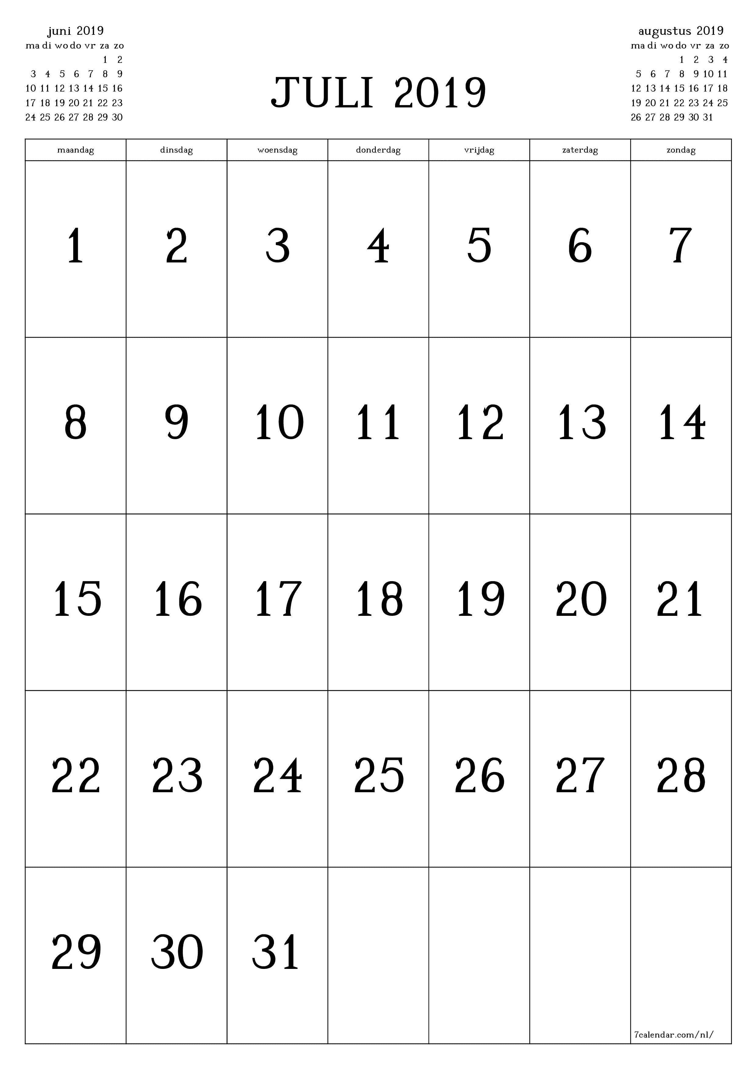 afdrukbare muur sjabloon gratis verticaal Maandelijks kalender juli (jul) 2019