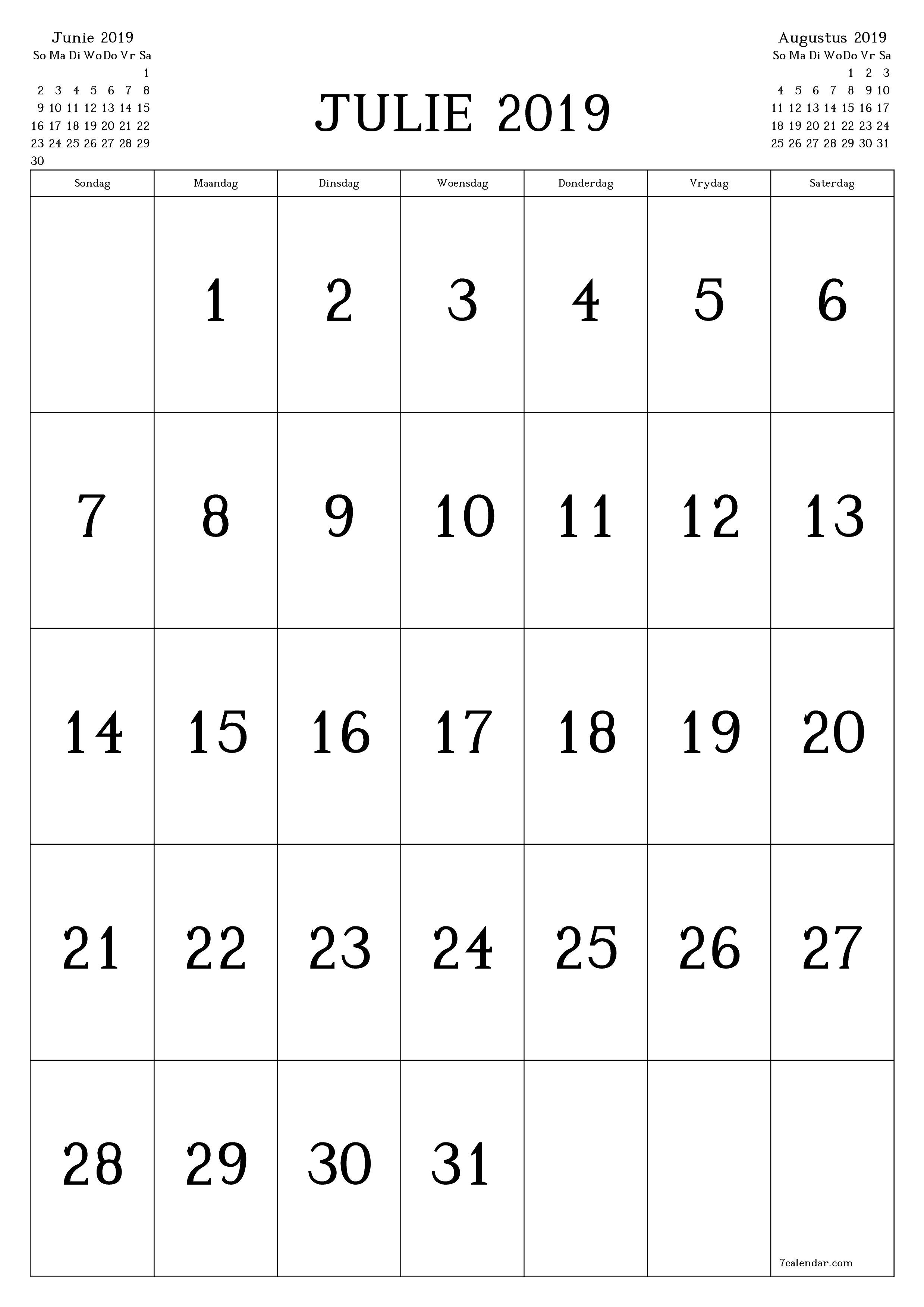 drukbare muur template gratis vertikaal Maandeliks kalender Julie (Jul) 2019