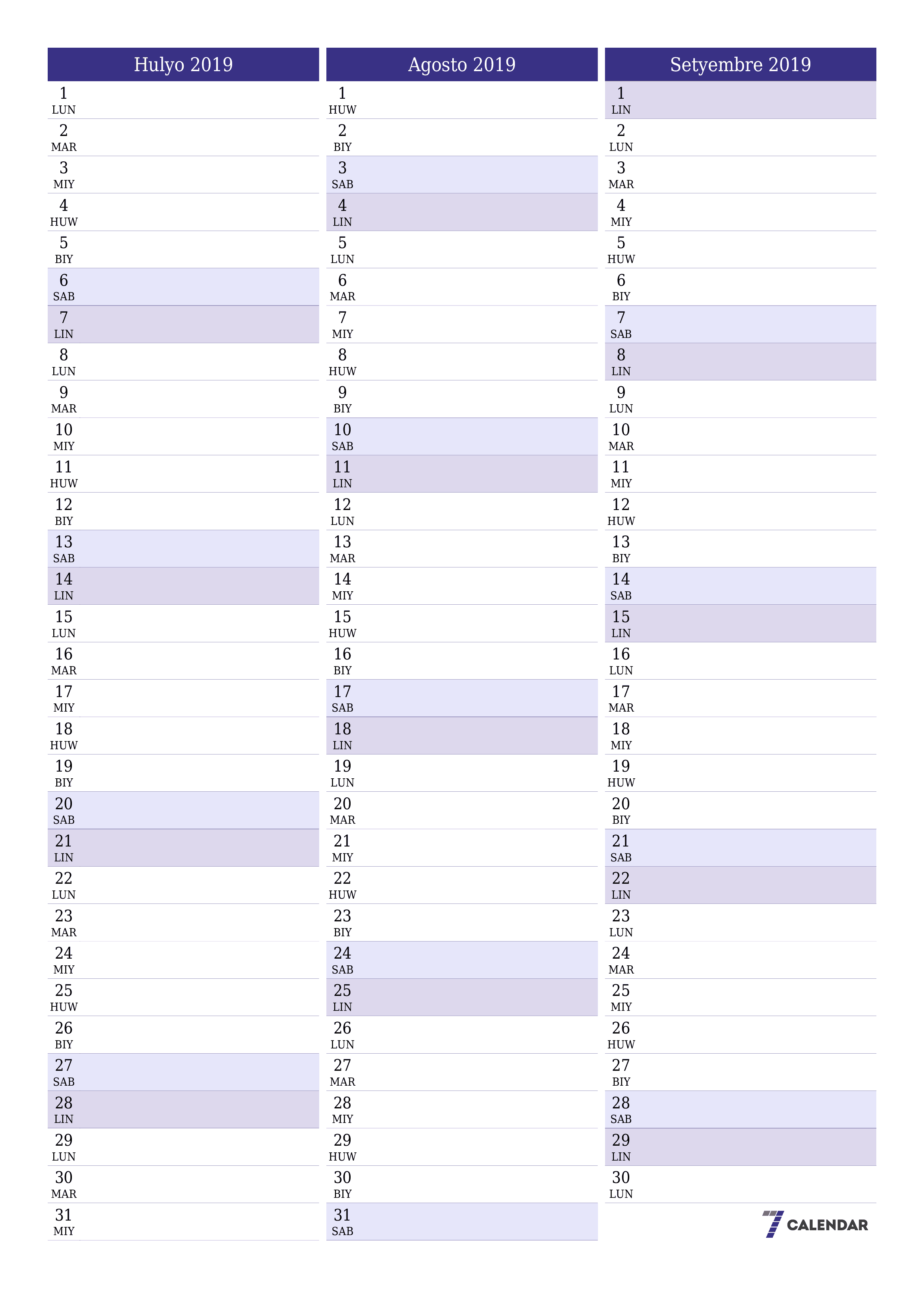 napi-print na sa dingding template ng libreng patayo Buwanang tagaplano kalendaryo Hulyo (Hul) 2019