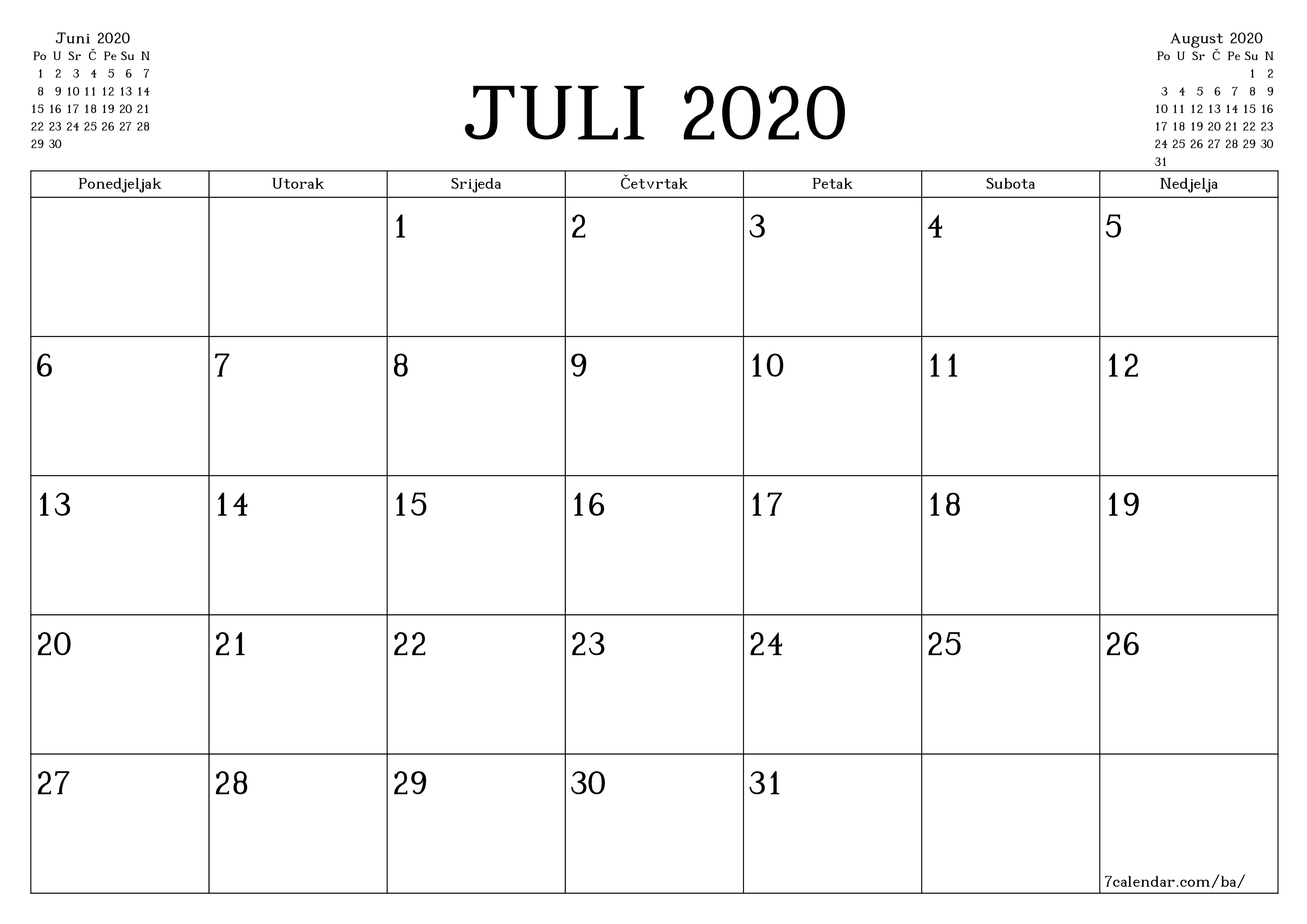  za štampanje zidni šablon a besplatni horizontalno Mjesečno planer kalendar Juli (Jul) 2020