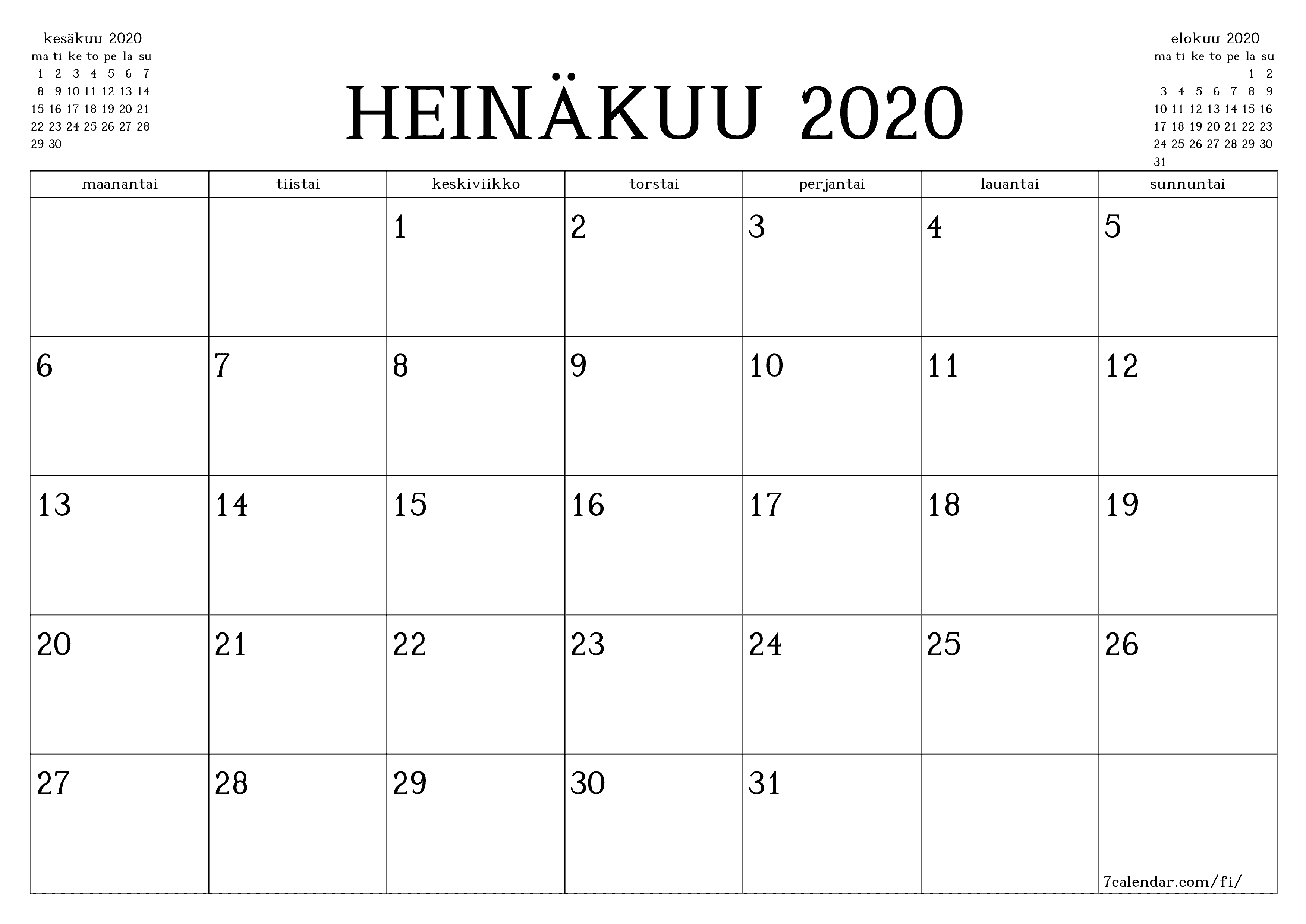 Tyhjennä kuukausittainen suunnittelija kuukaudelle Heinäkuu 2020 muistiinpanoilla, tallenna ja tulosta PDF-muotoon PNG Finnish