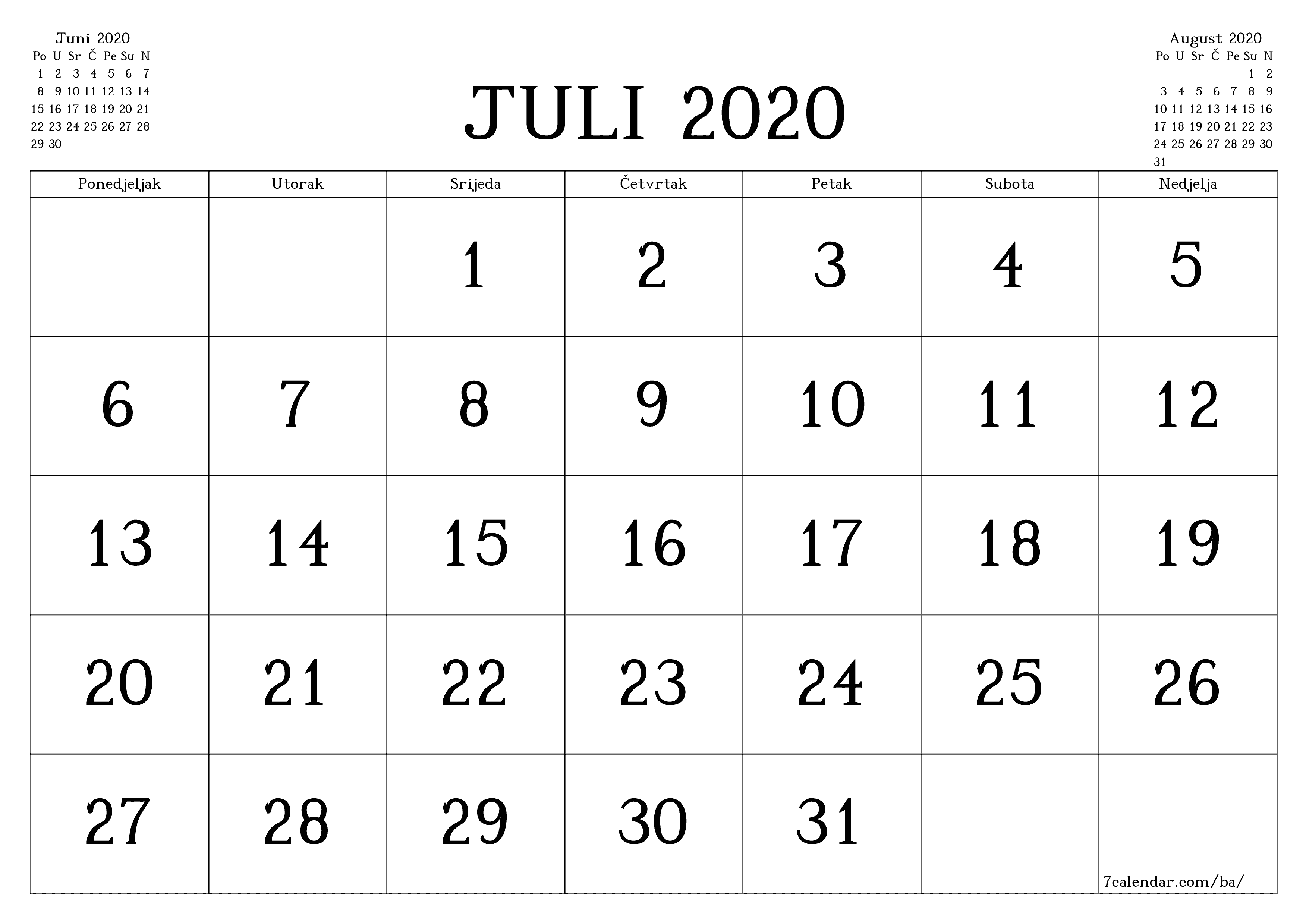  za štampanje zidni šablon a besplatni horizontalno Mjesečno kalendar Juli (Jul) 2020