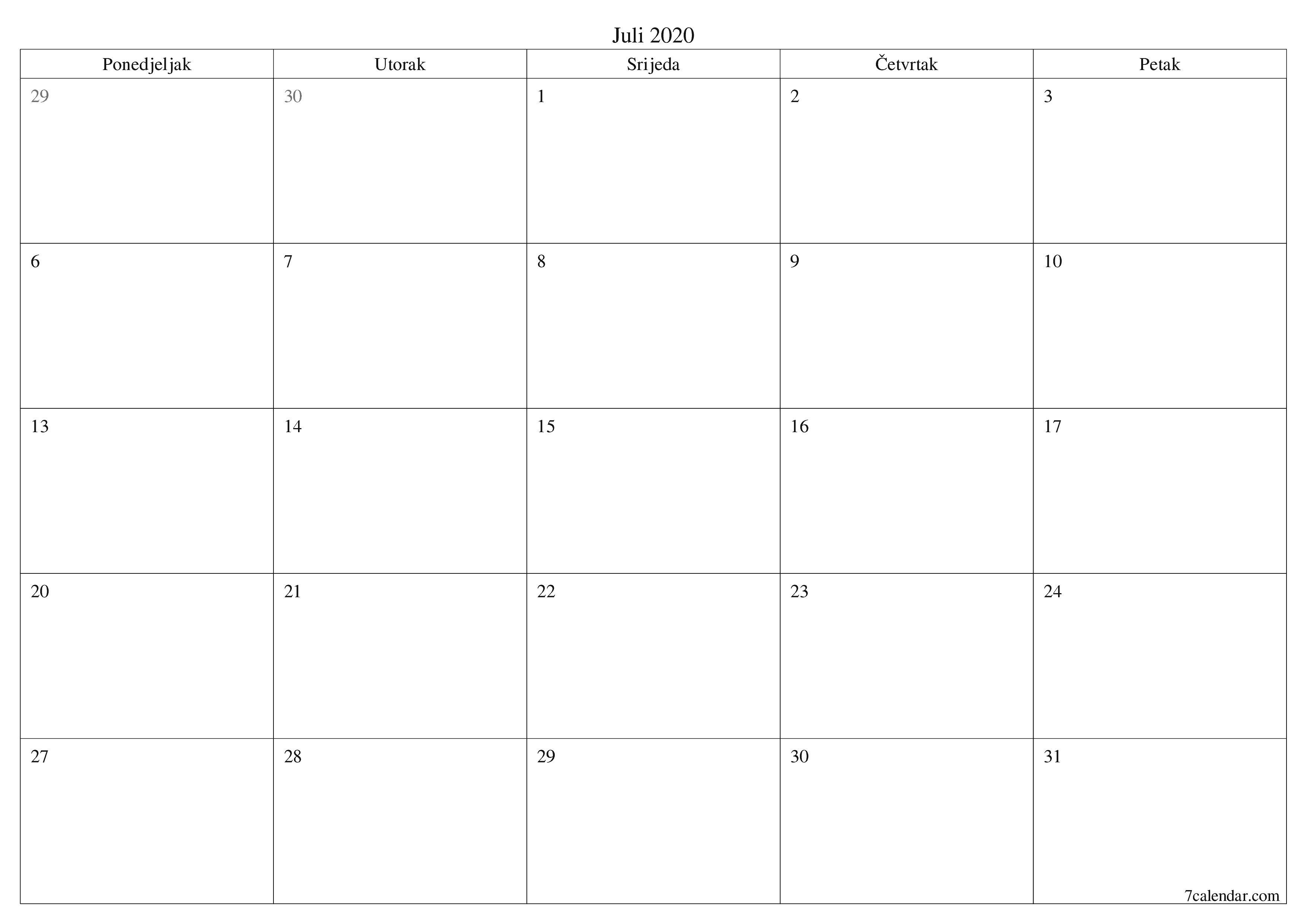  za štampanje zidni šablon a besplatni horizontalno Mjesečno planer kalendar Juli (Jul) 2020