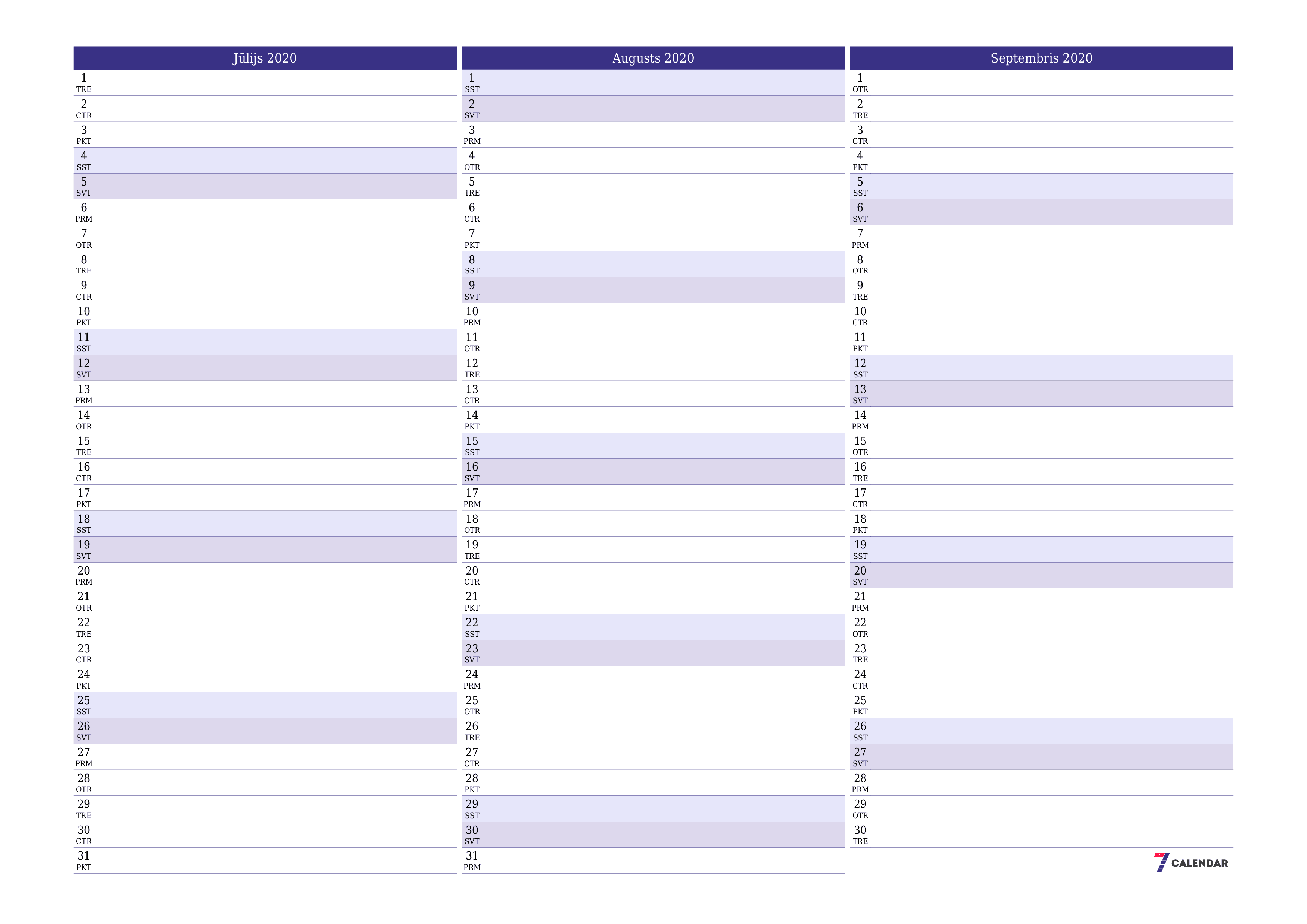 Iztukšot mēneša plānotāju mēnesim Jūlijs 2020 ar piezīmēm, saglabāt un izdrukāt PDF formātā PNG Latvian