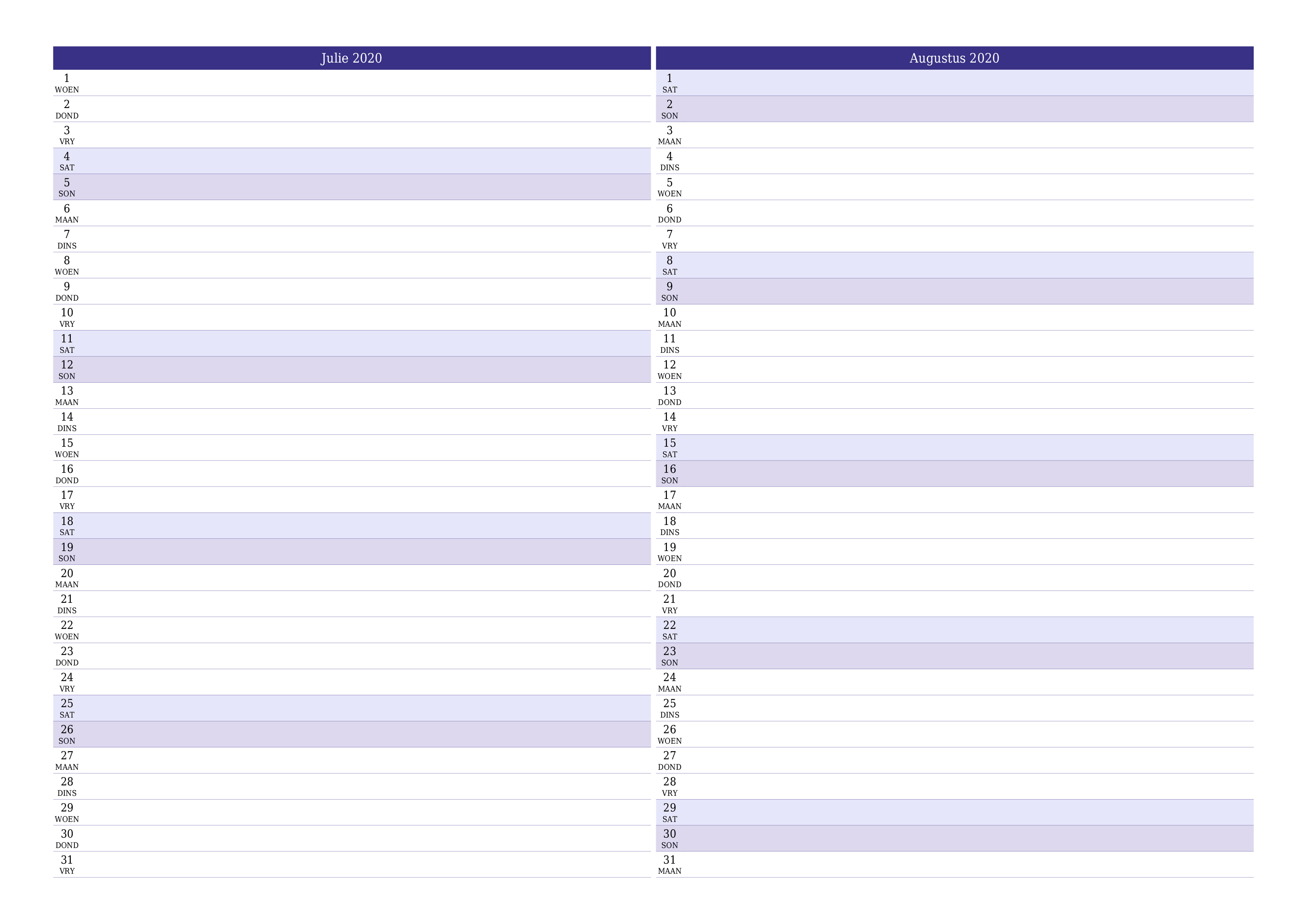 Leë maandelikse drukbare kalender en beplanner vir maand Julie 2020 met notas stoor en druk na PDF PNG Afrikaans