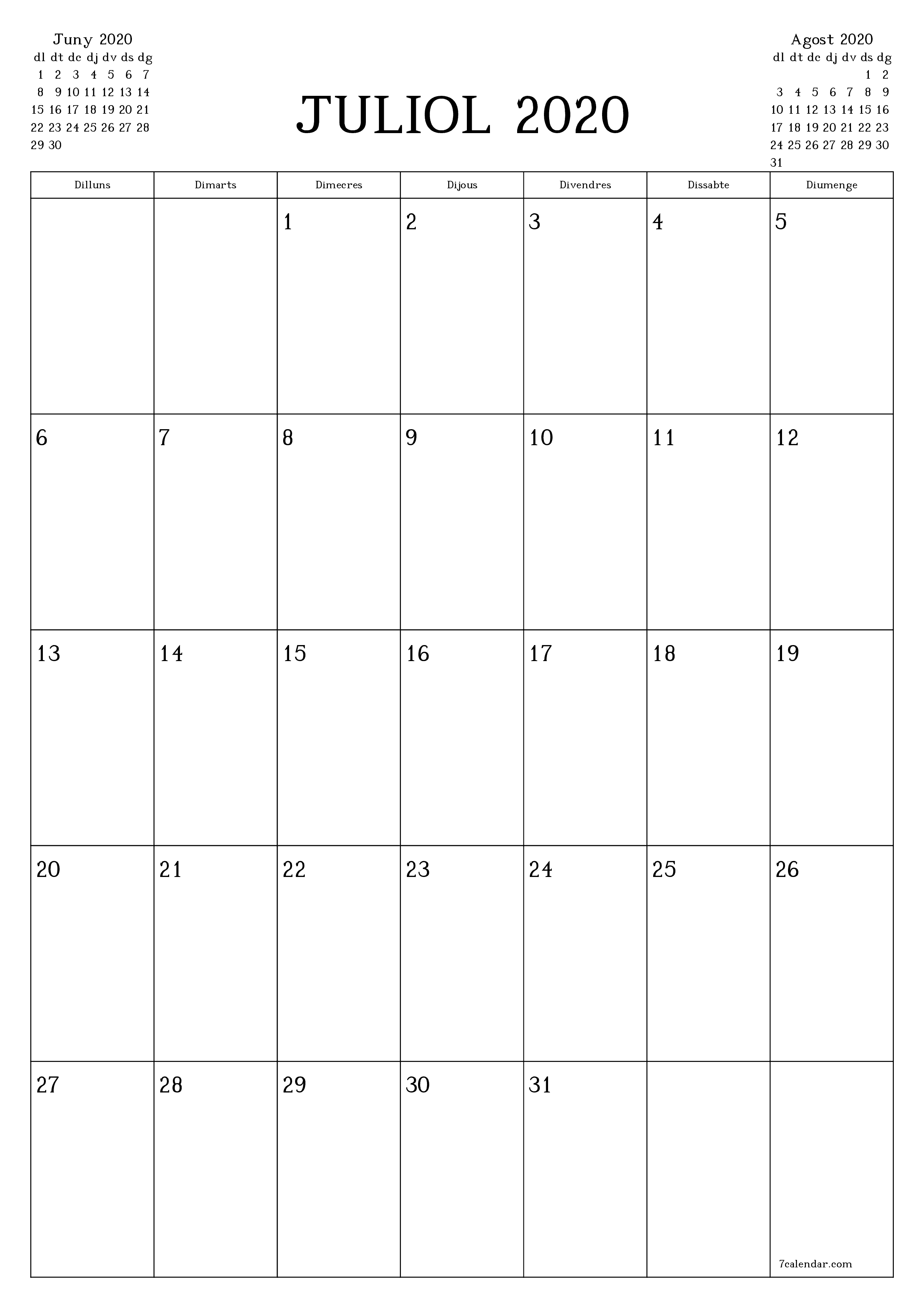 Planificador mensual buit del mes Juliol 2020 amb notes, deseu-lo i imprimiu-lo en format PDF PNG Catalan