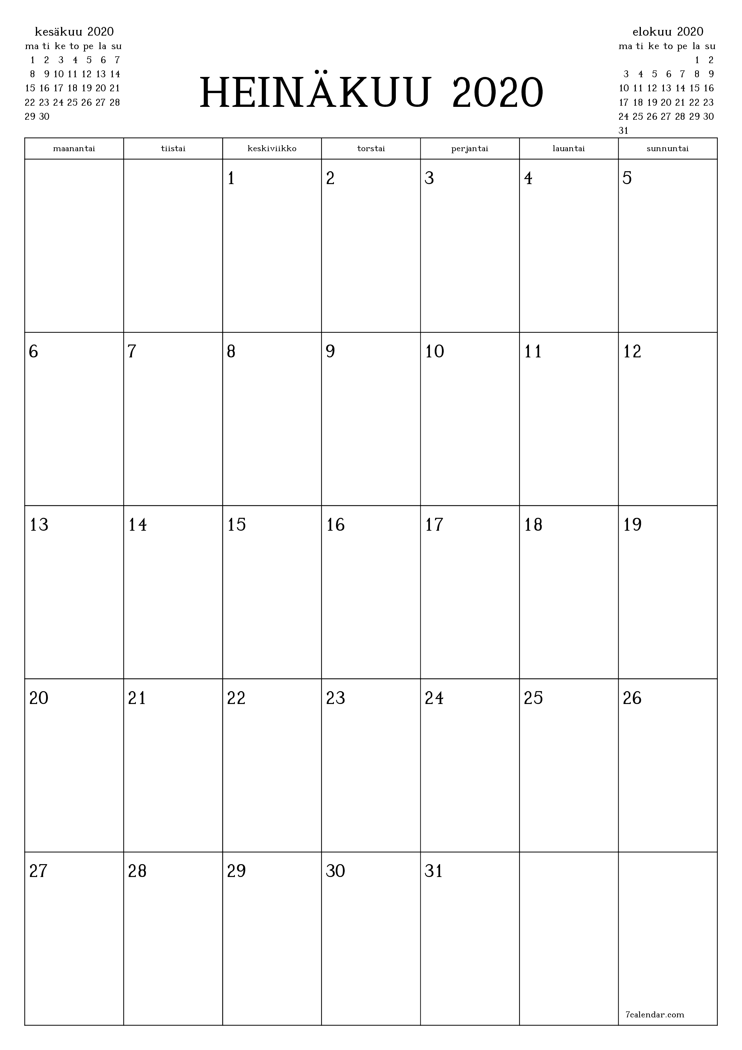 tulostettava seinä n malli ilmainen pystysuora Kuukausittainen suunnittelija kalenteri Heinäkuu (Heinä) 2020