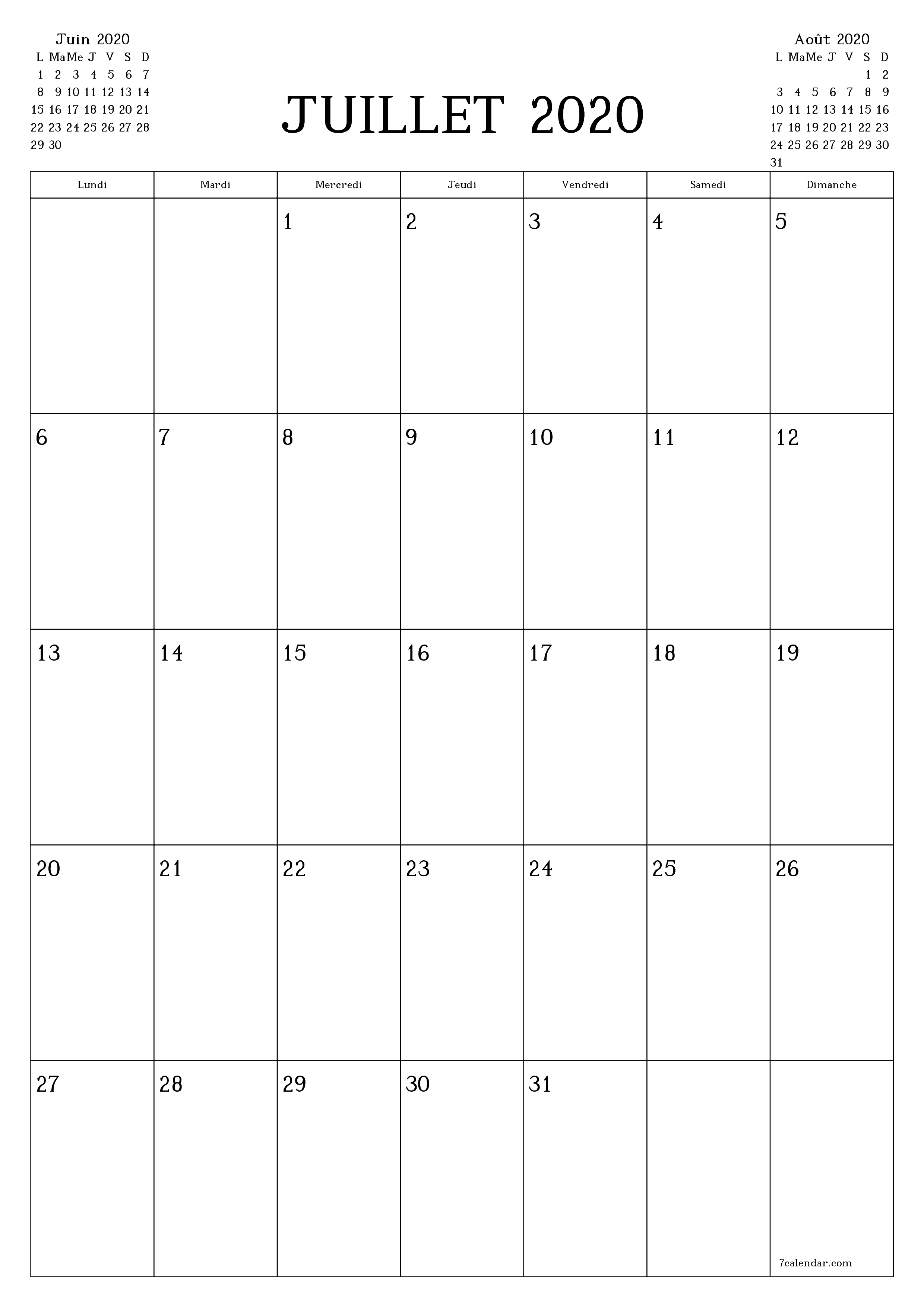  imprimable mural modèle de gratuitverticale Mensuel planificateur calendrier Juillet (Jul) 2020