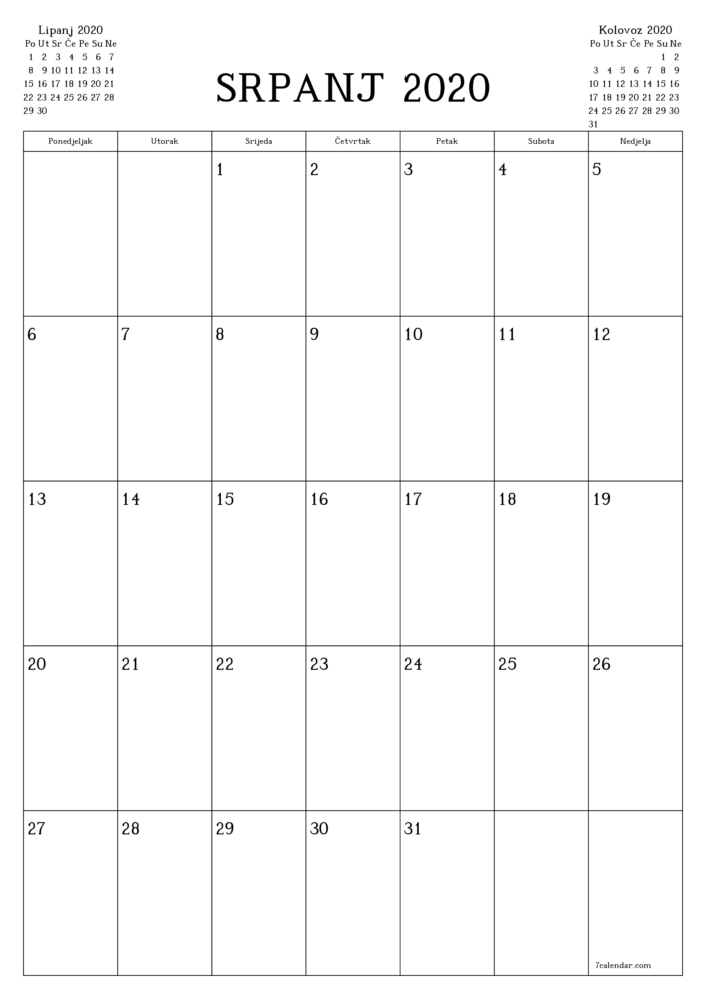  za ispis zidni predložak a besplatni okomito Mjesečni planer kalendar Srpanj (Srp) 2020