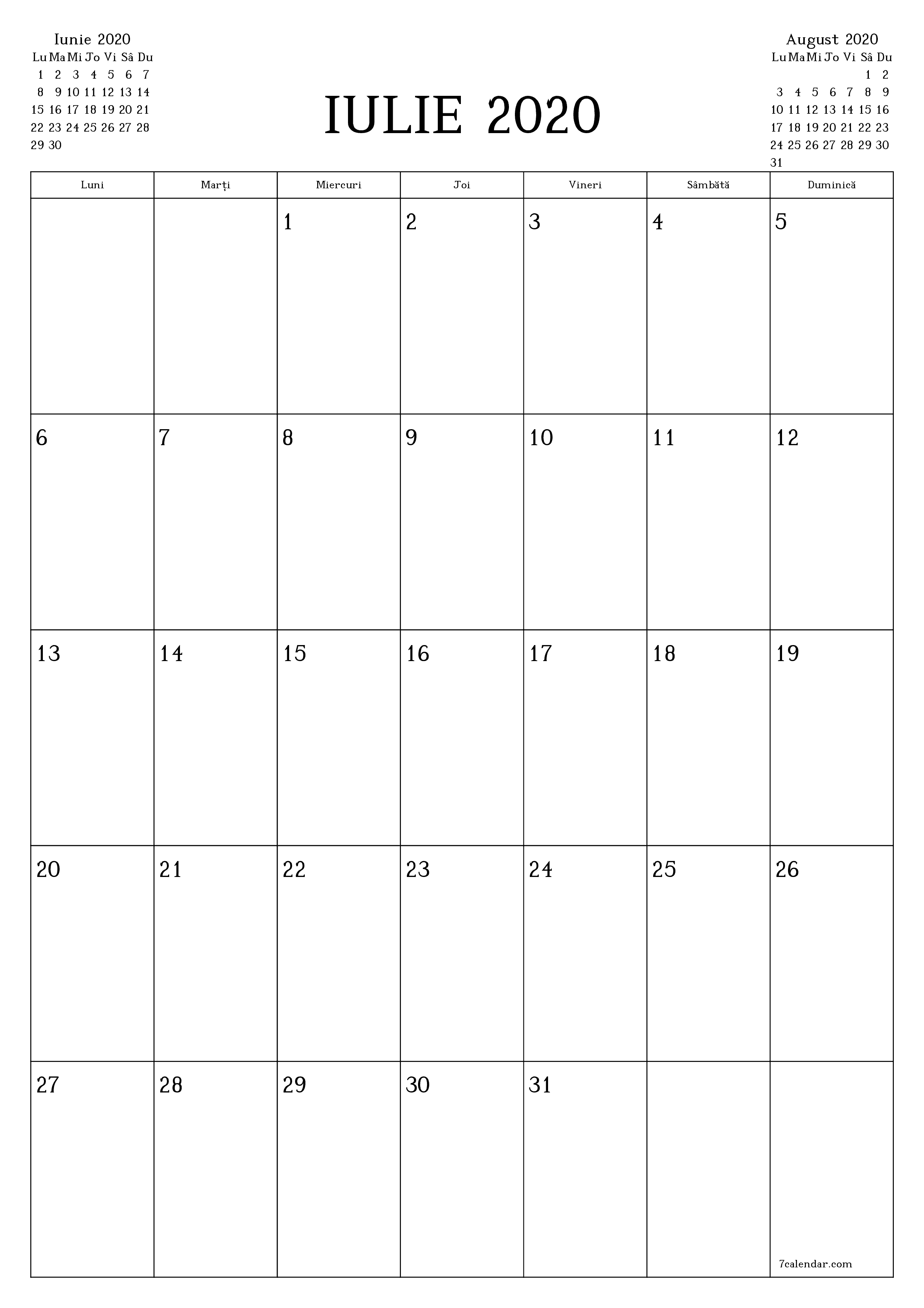  imprimabil de perete șablon de gratuitvertical Lunar planificator calendar Iulie (Iul) 2020