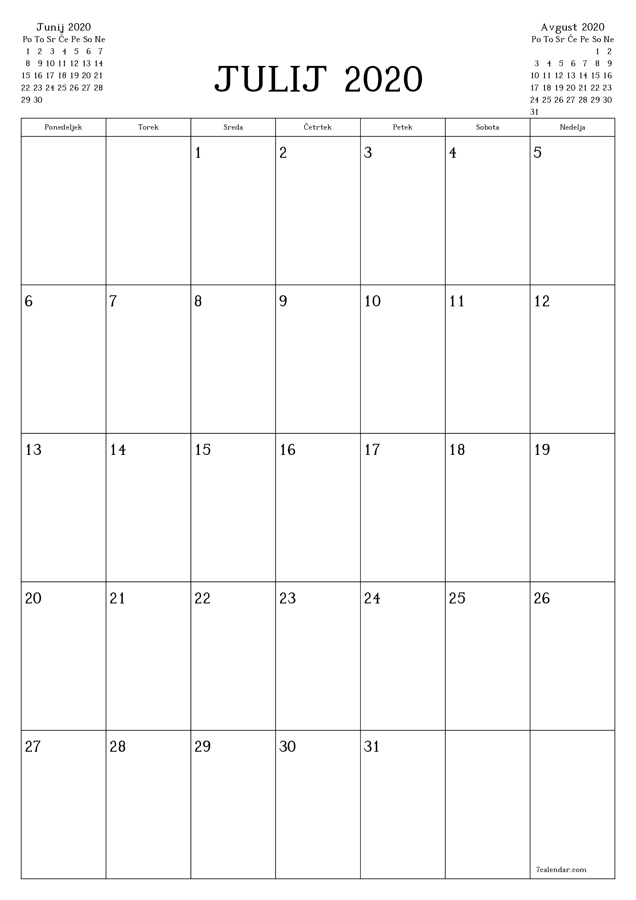 Prazen mesečni načrtovalec koledarja za mesec Julij 2020 z opombami, natisnjenimi v PDF PNG Slovenian