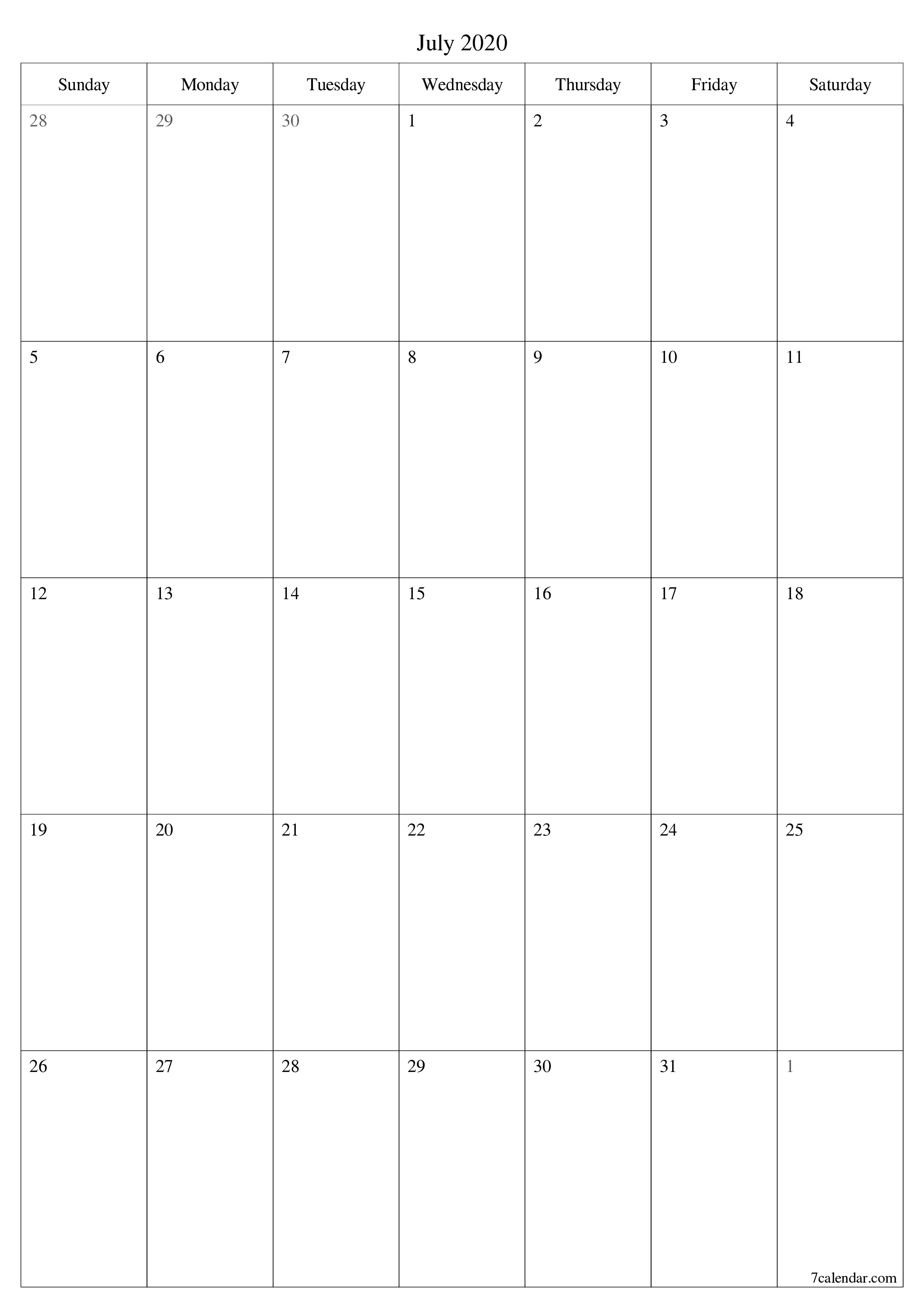 printable wall template free vertical Monthly planner calendar July (Jul) 2020