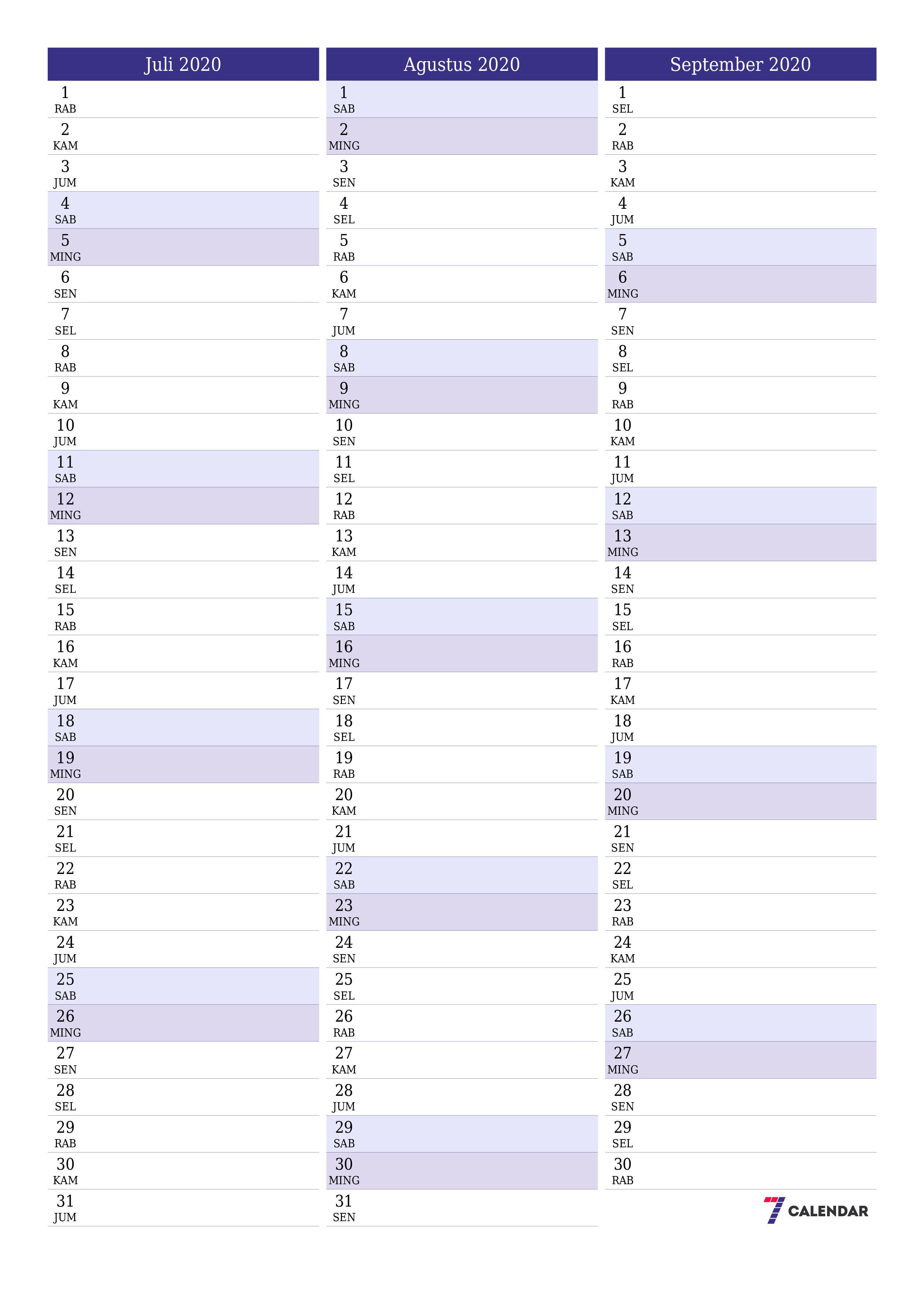 Kosongkan agenda bulanan untuk bulan Juli 2020 dengan catatan, simpan dan cetak ke PDF PNG Indonesian