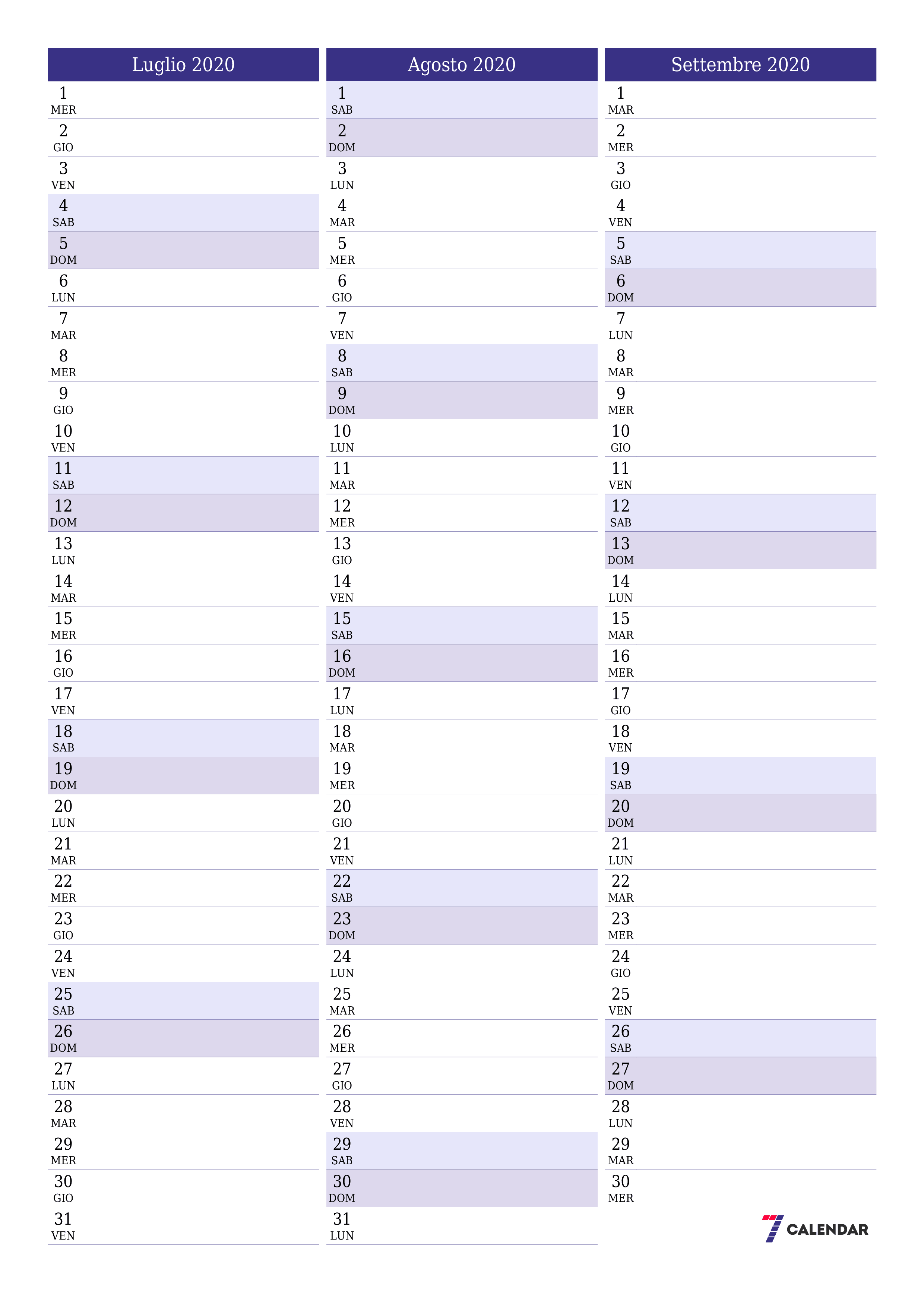  stampabile da parete modello di gratuitoverticale Mensile pianificatore calendario Luglio (Lug) 2020