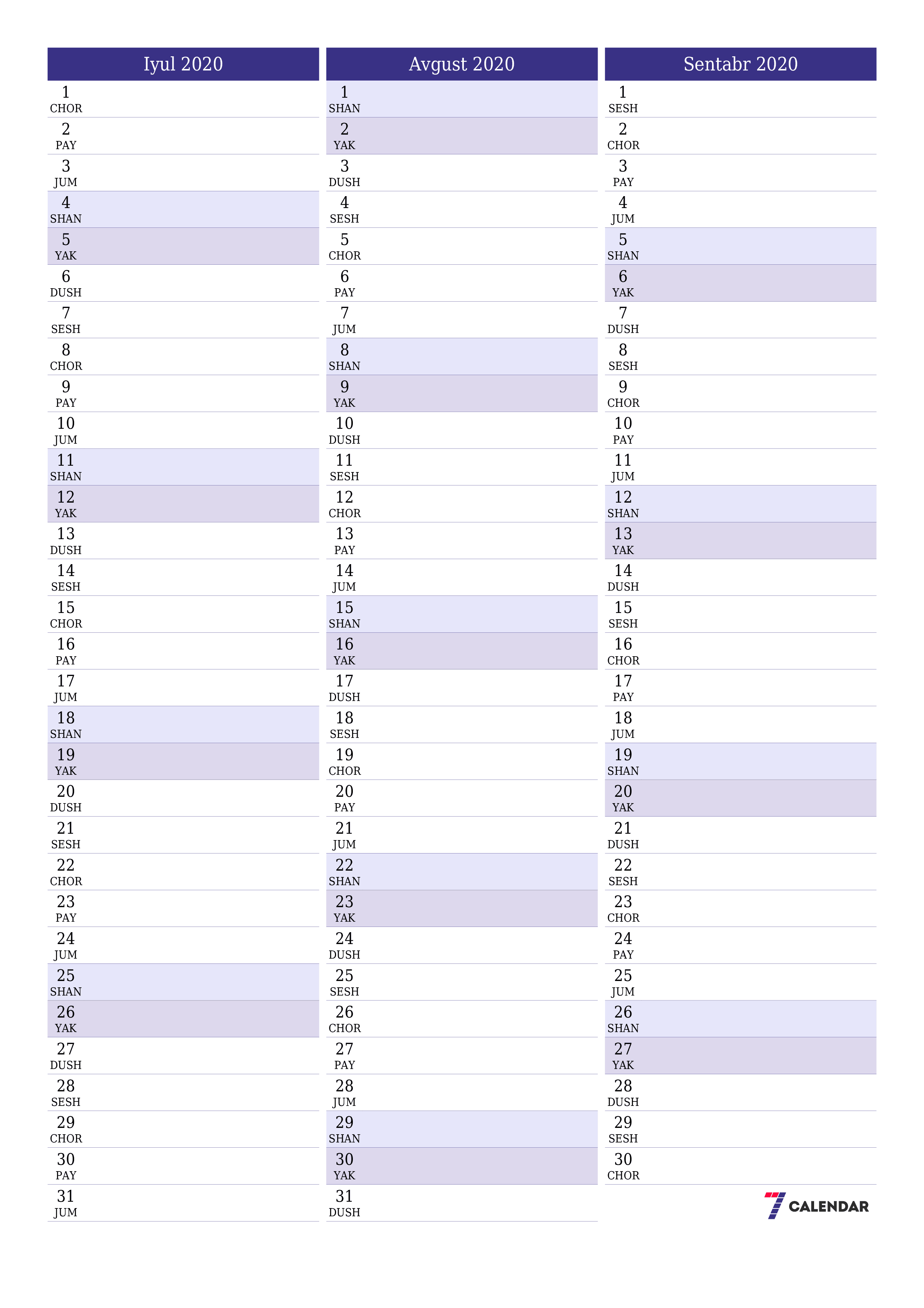 chop etiladigan devor taqvimi shabloni bepul vertikal Oylik rejalashtiruvchi kalendar Iyul (Iyul) 2020