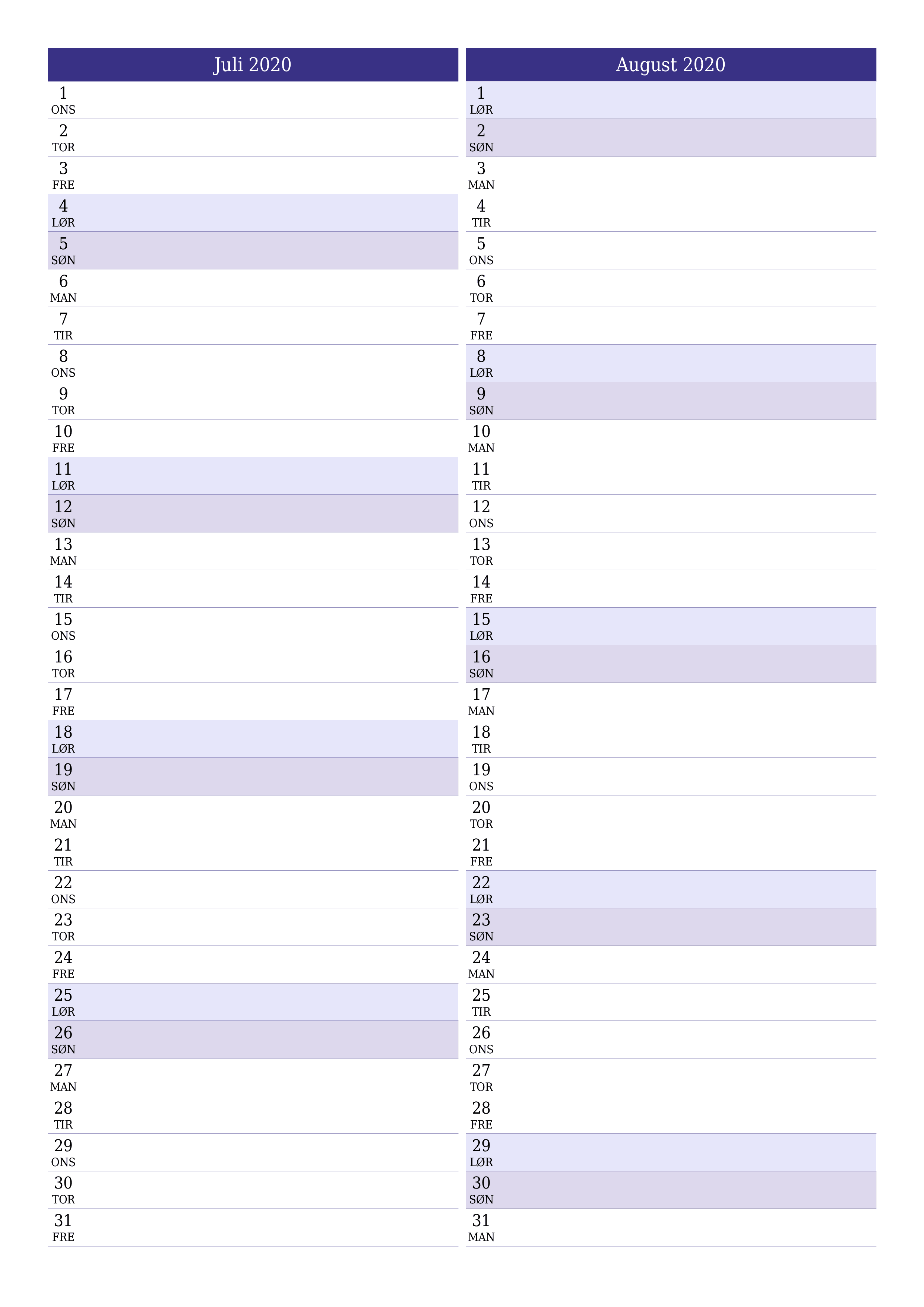 Tom månedlig planlegger for måned Juli 2020 med notater, lagre og skriv ut til PDF PNG Norwegian