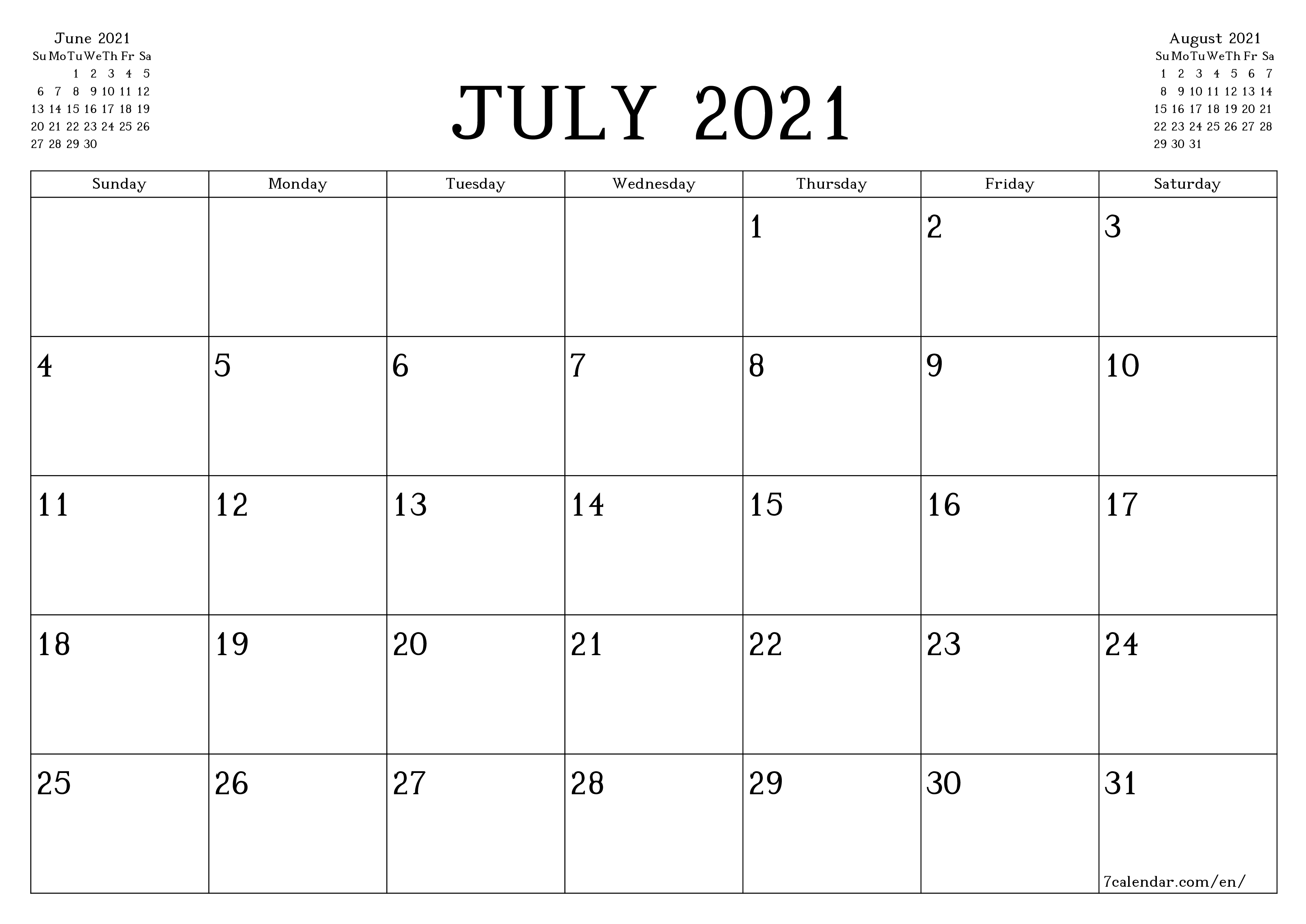 Blank monthly calendar planner for month July 2021 with notes save and print to PDF PNG English - 7calendar.com
