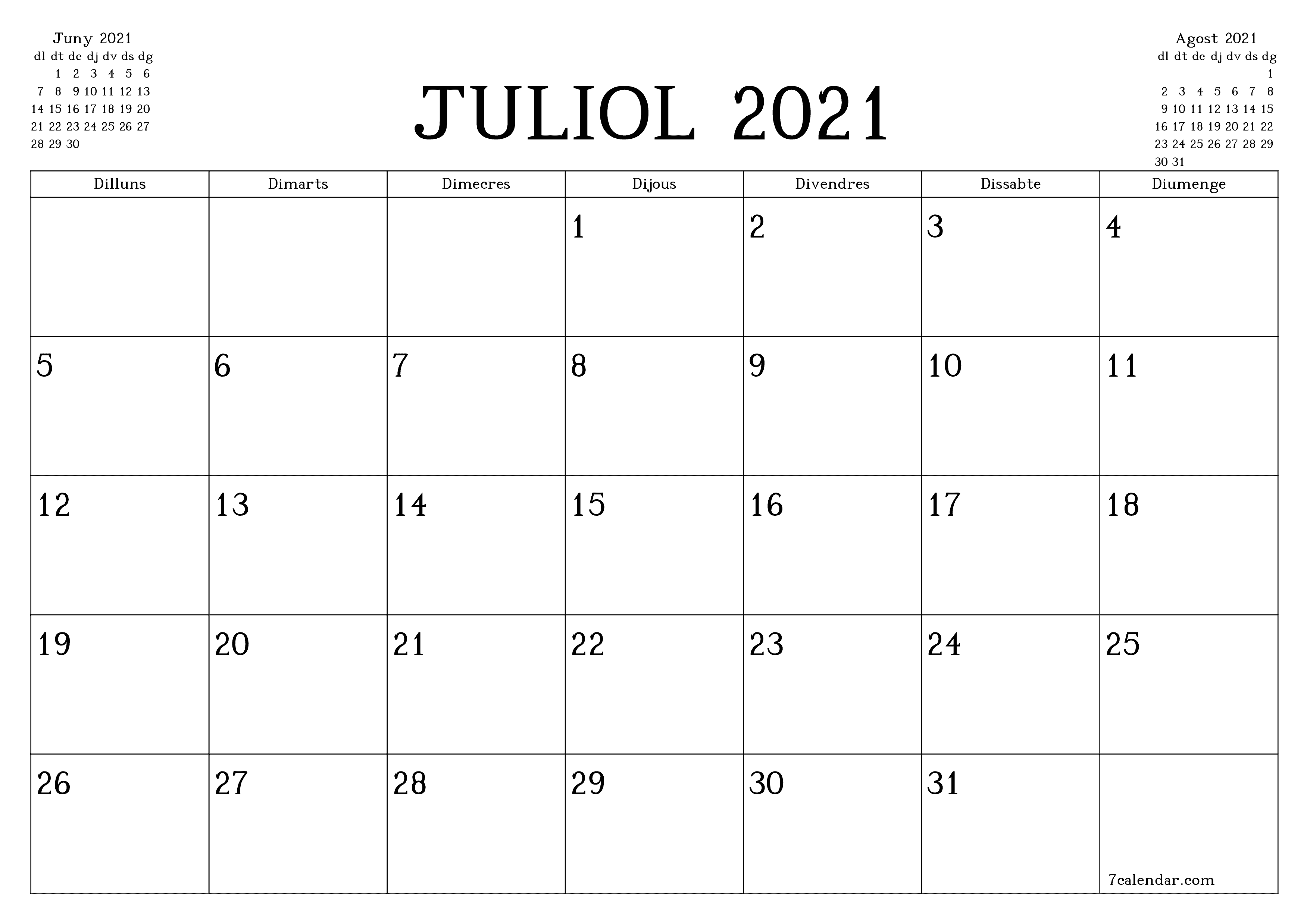Planificador mensual buit del mes Juliol 2021 amb notes, deseu-lo i imprimiu-lo en format PDF PNG Catalan