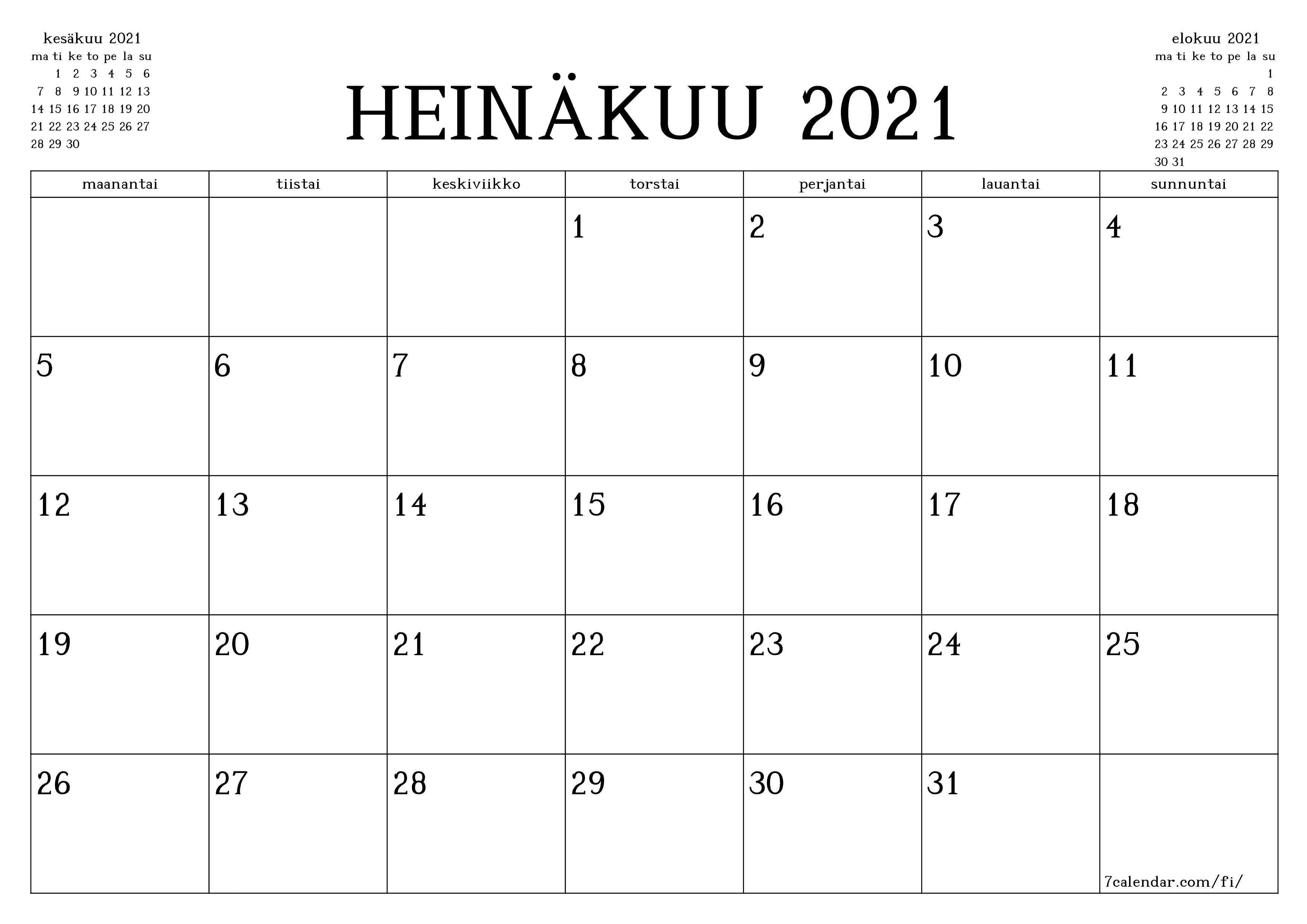 Tyhjennä kuukausittainen suunnittelija kuukaudelle heinäkuu 2021 muistiinpanoilla, tallenna ja tulosta PDF-muotoon PNG Finnish